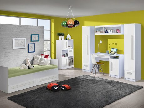 Chambre enfant complète Merevari 108 (Blanc + Blanc brillant + Gris)