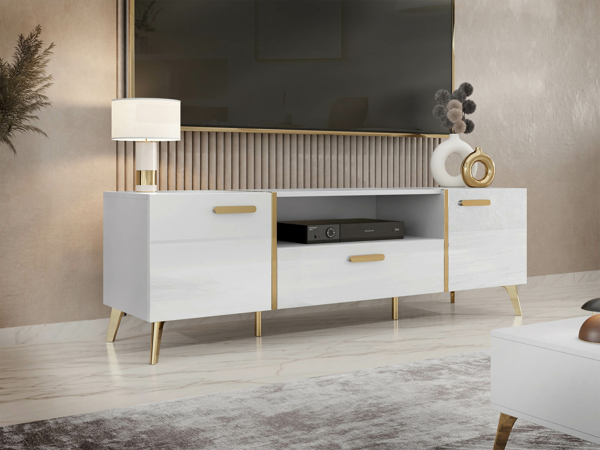 Meuble TV Comfivo Teslomo 113 (Blanc + Blanc brillant)