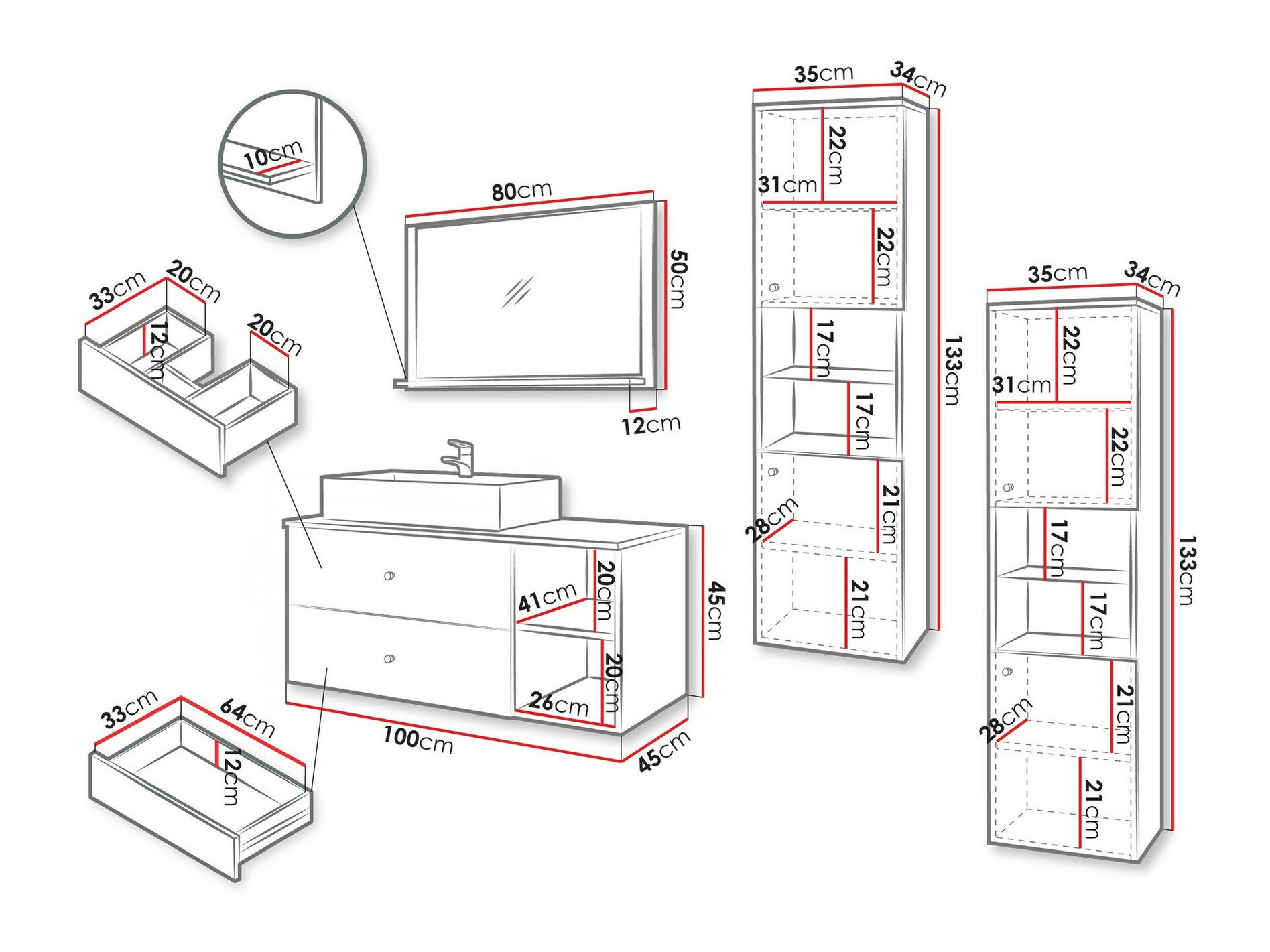 Ensemble de salle de bain Salus III (Noir + Marbre noir)