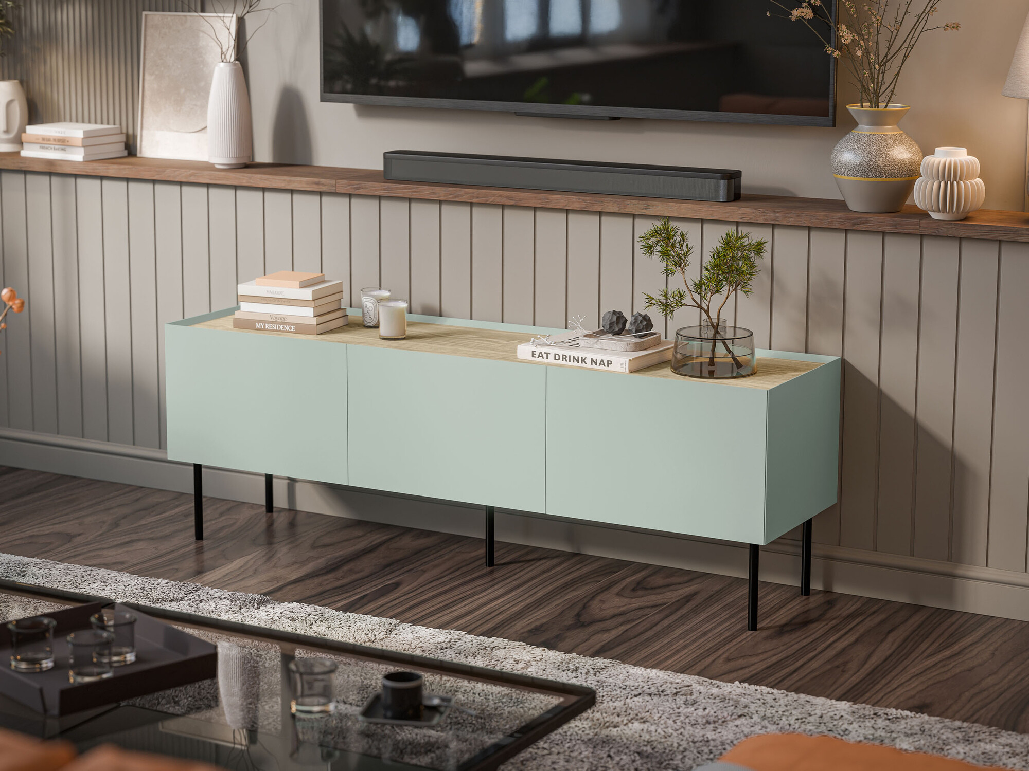 Meuble TV Melbela 106 (Olivier clair + Chêne)