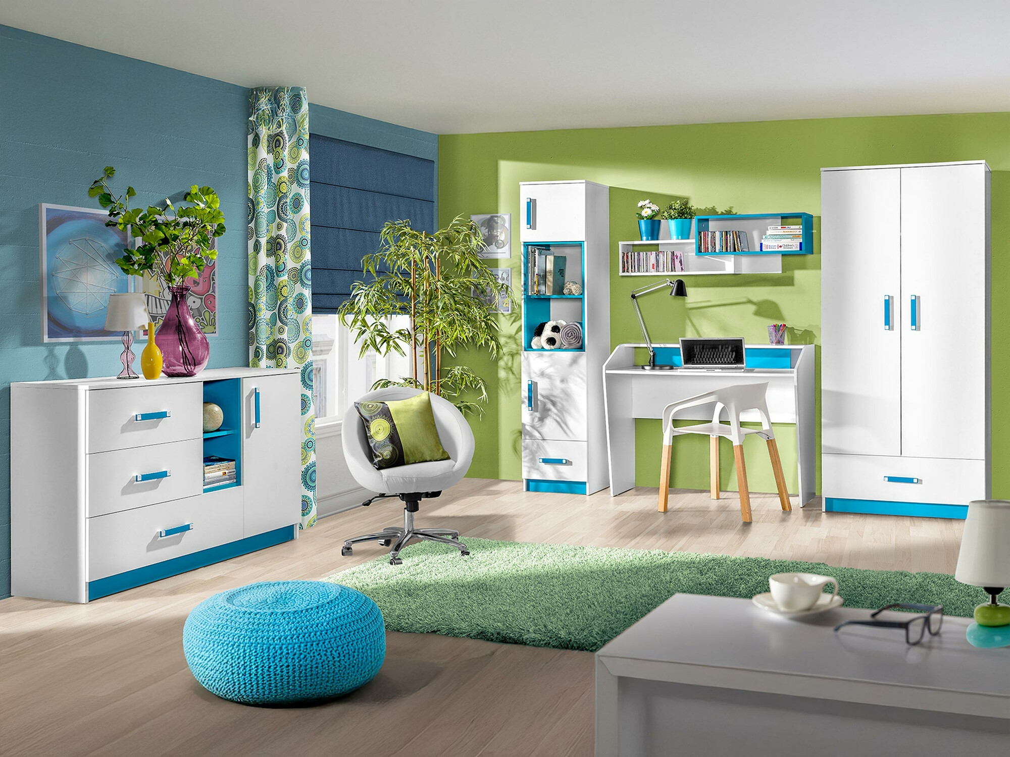 Chambre enfant complète Sorviru 107 (Blanc + Turquoise)