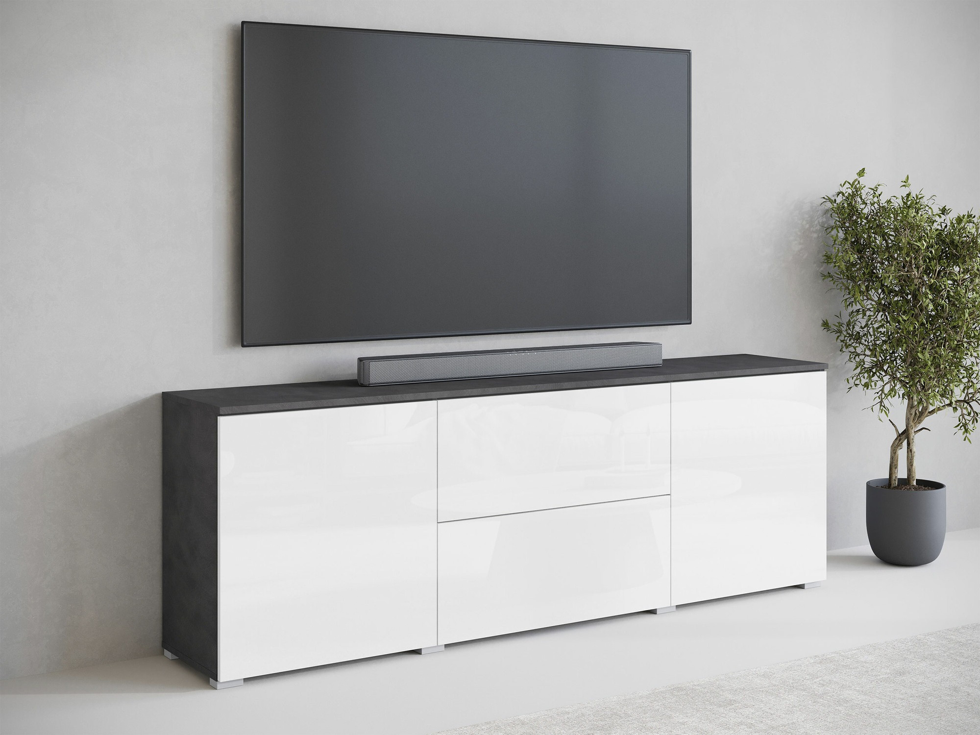 Meuble TV Sarasota 190 (Matera gris + Blanc brillant)