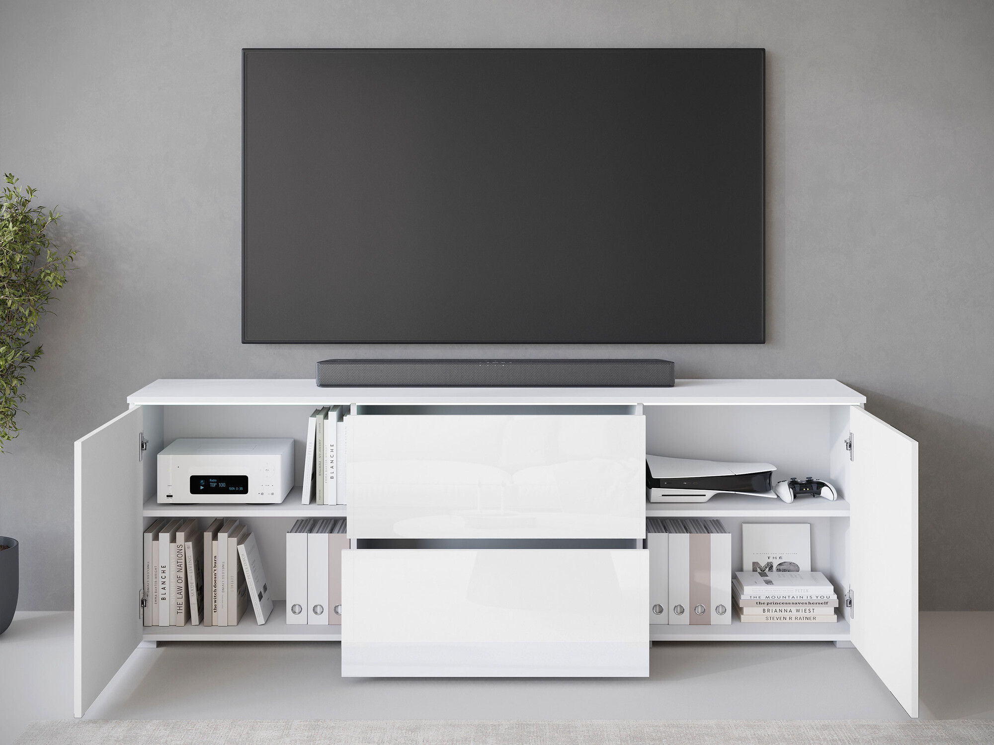 Meuble TV Sarasota 190 (Matera gris + Blanc brillant)
