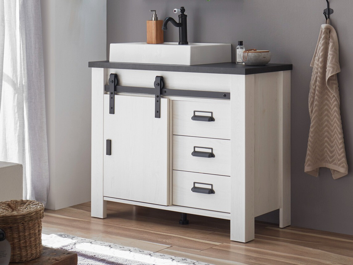 Armoire de lavabo à poser Cirtale 133 (Pin blanchi + Anthracite)