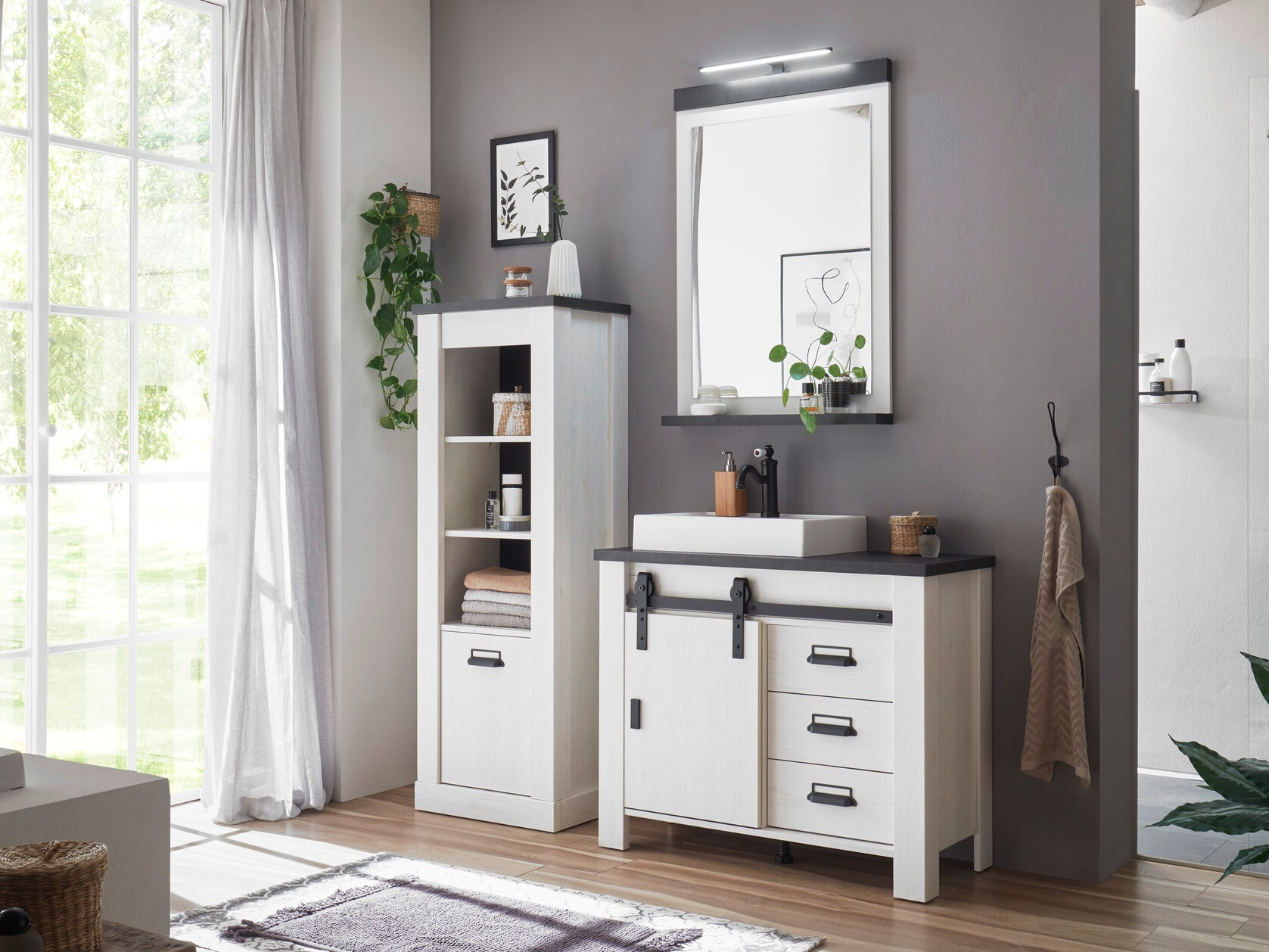 Armoire de lavabo à poser Cirtale 133 (Pin blanchi + Anthracite)