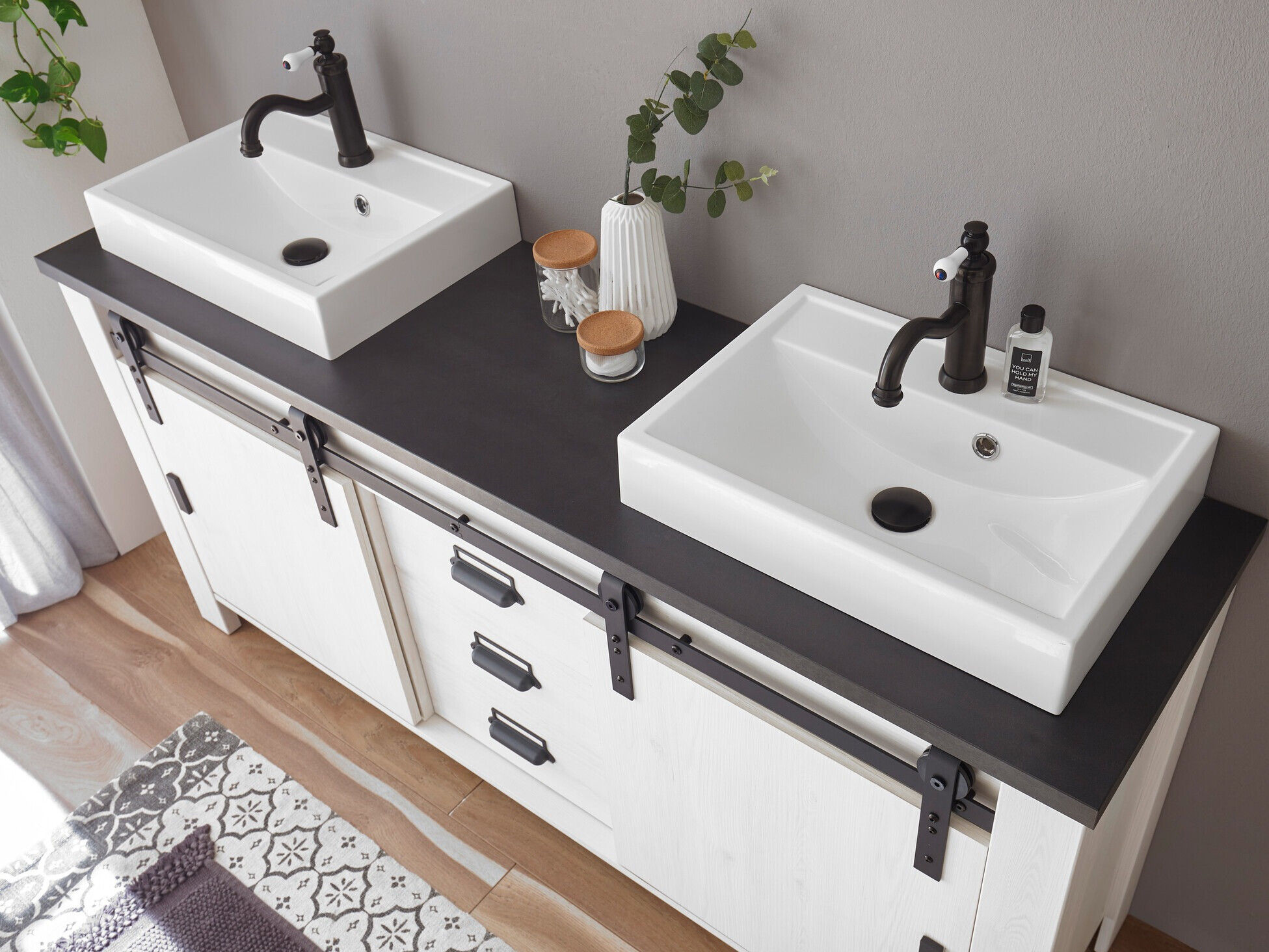 Armoire de lavabo à poser Cirtale 134 (Pin blanchi + Anthracite)