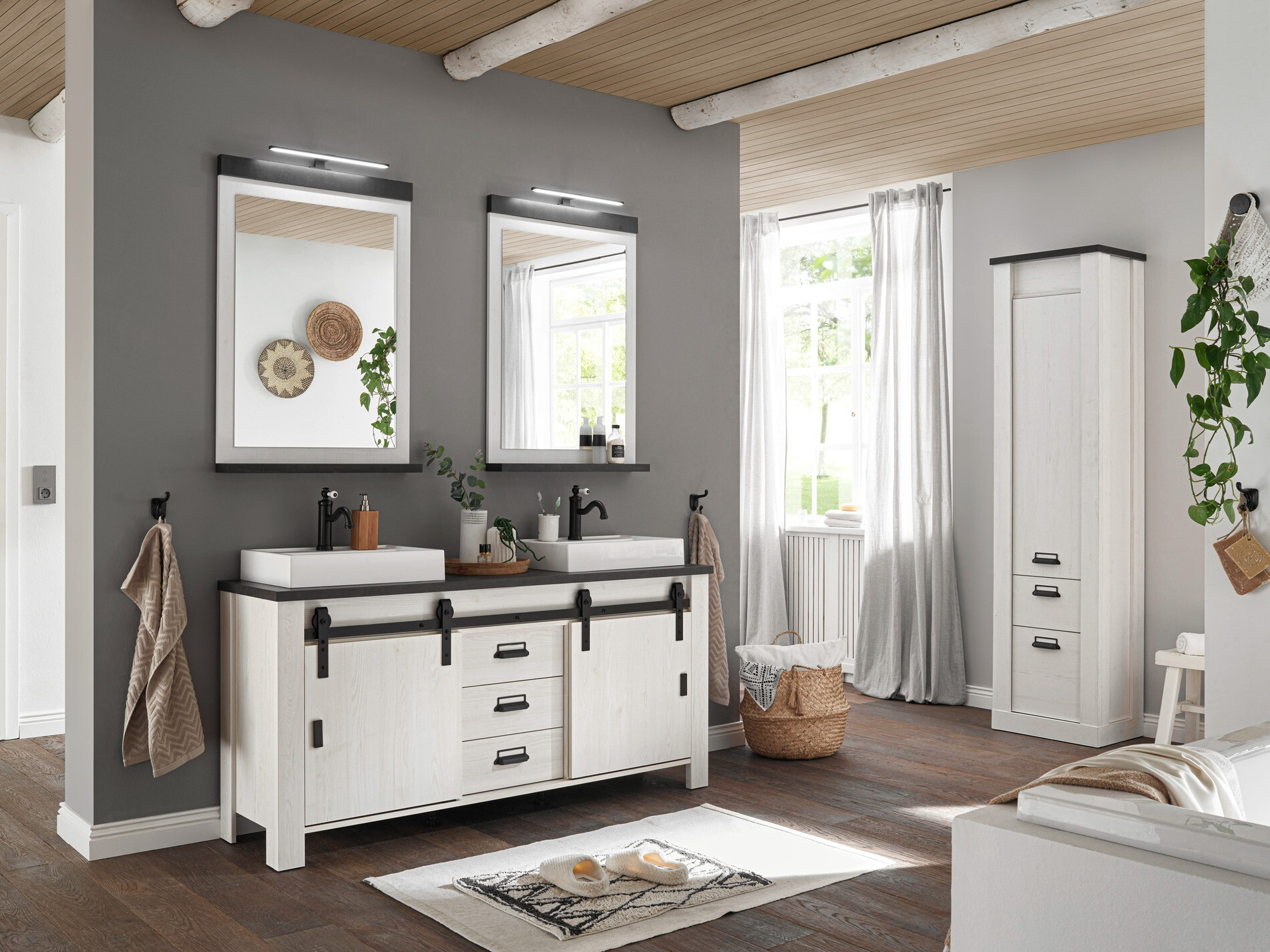 Armoire de lavabo à poser Cirtale 134 (Pin blanchi + Anthracite)