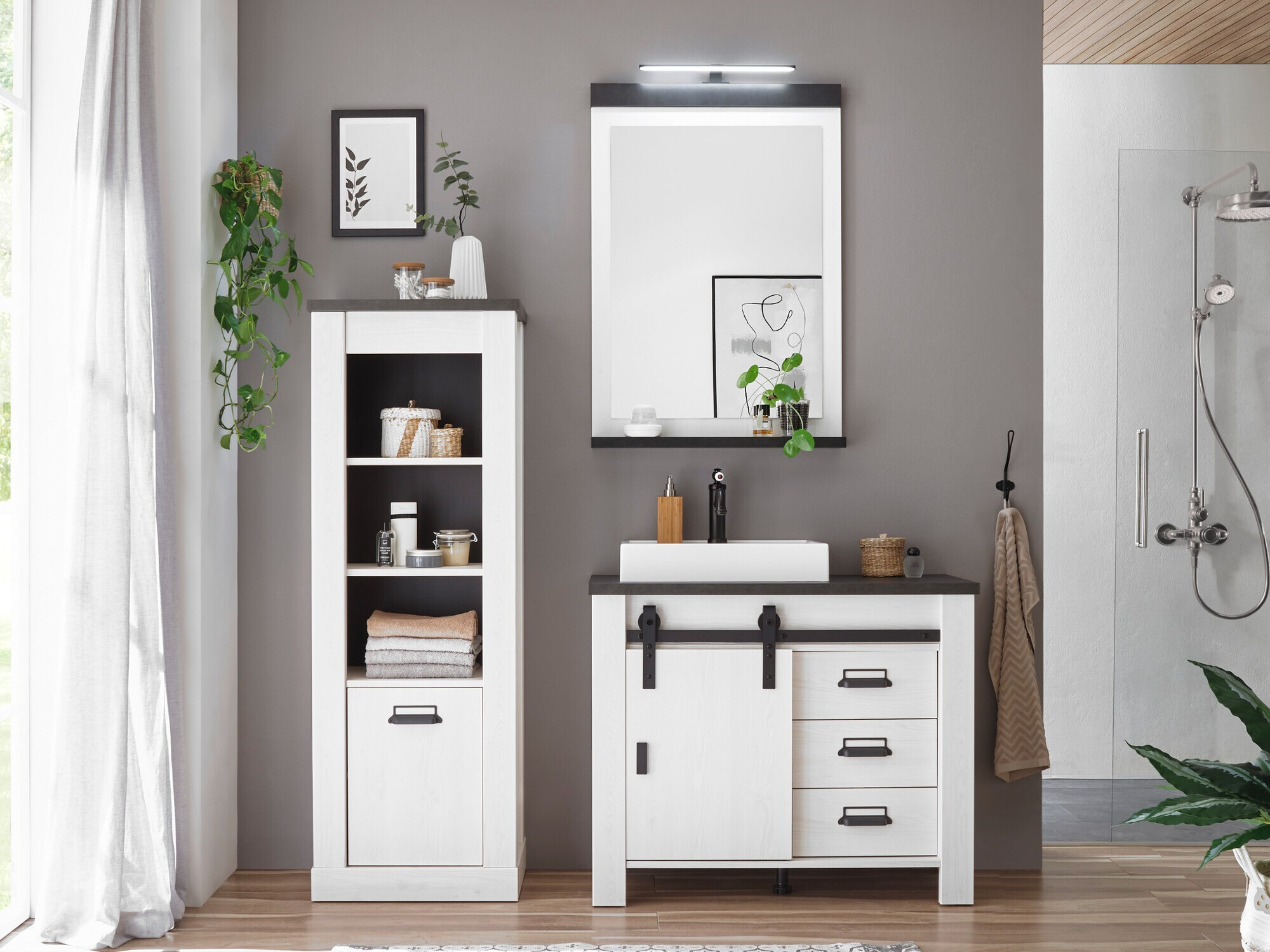 Ensemble de salle de bain Cirtale 138 (Pin blanchi + Anthracite)