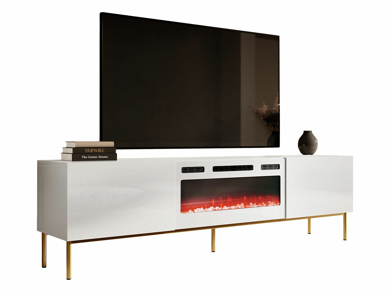 Meuble TV Charlotte 163 (Blanc + Blanc brillant + Doré)