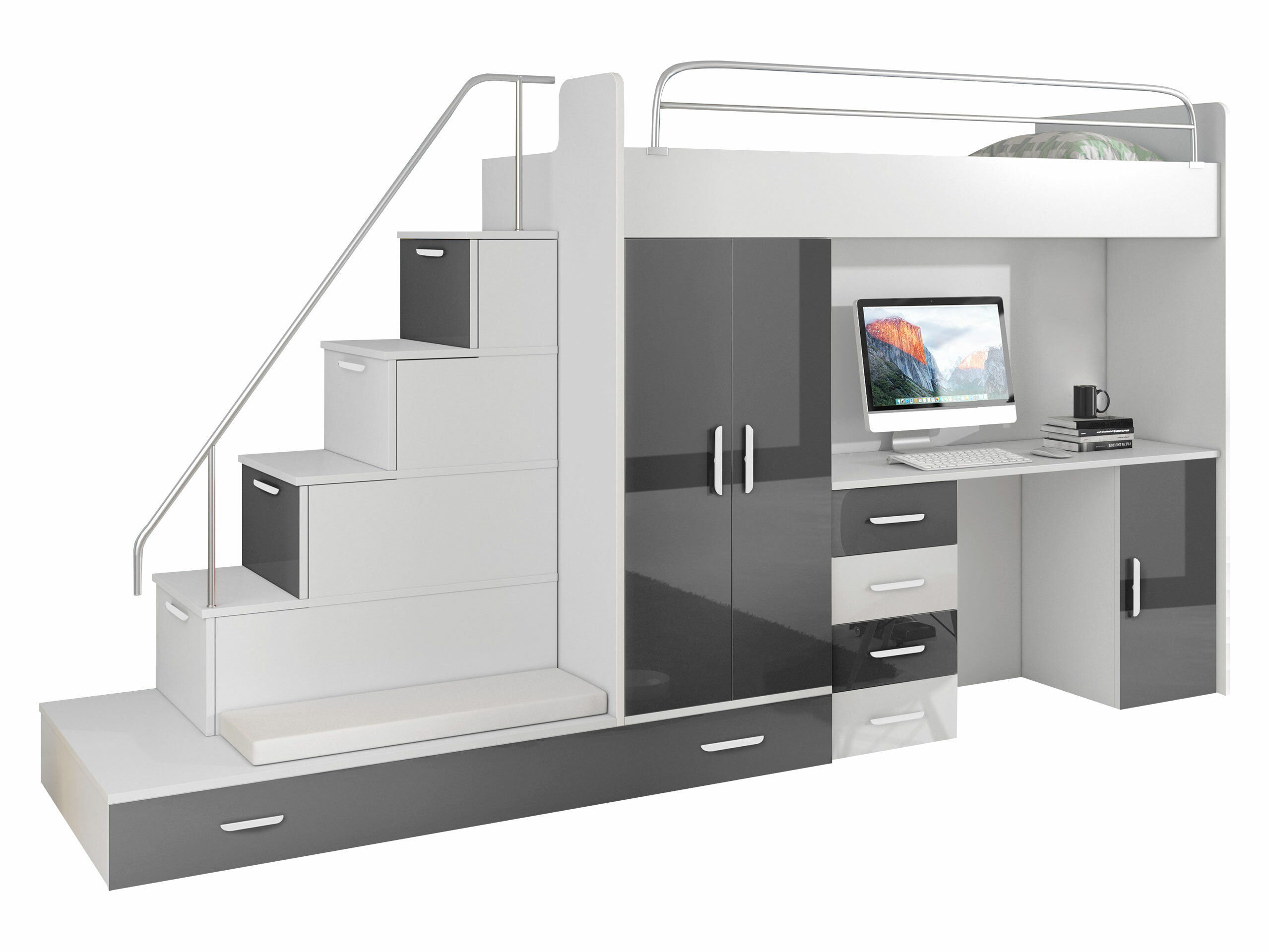 Chambre enfant complète Campus I (Blanc + Blanc brillant + Gris brillant)