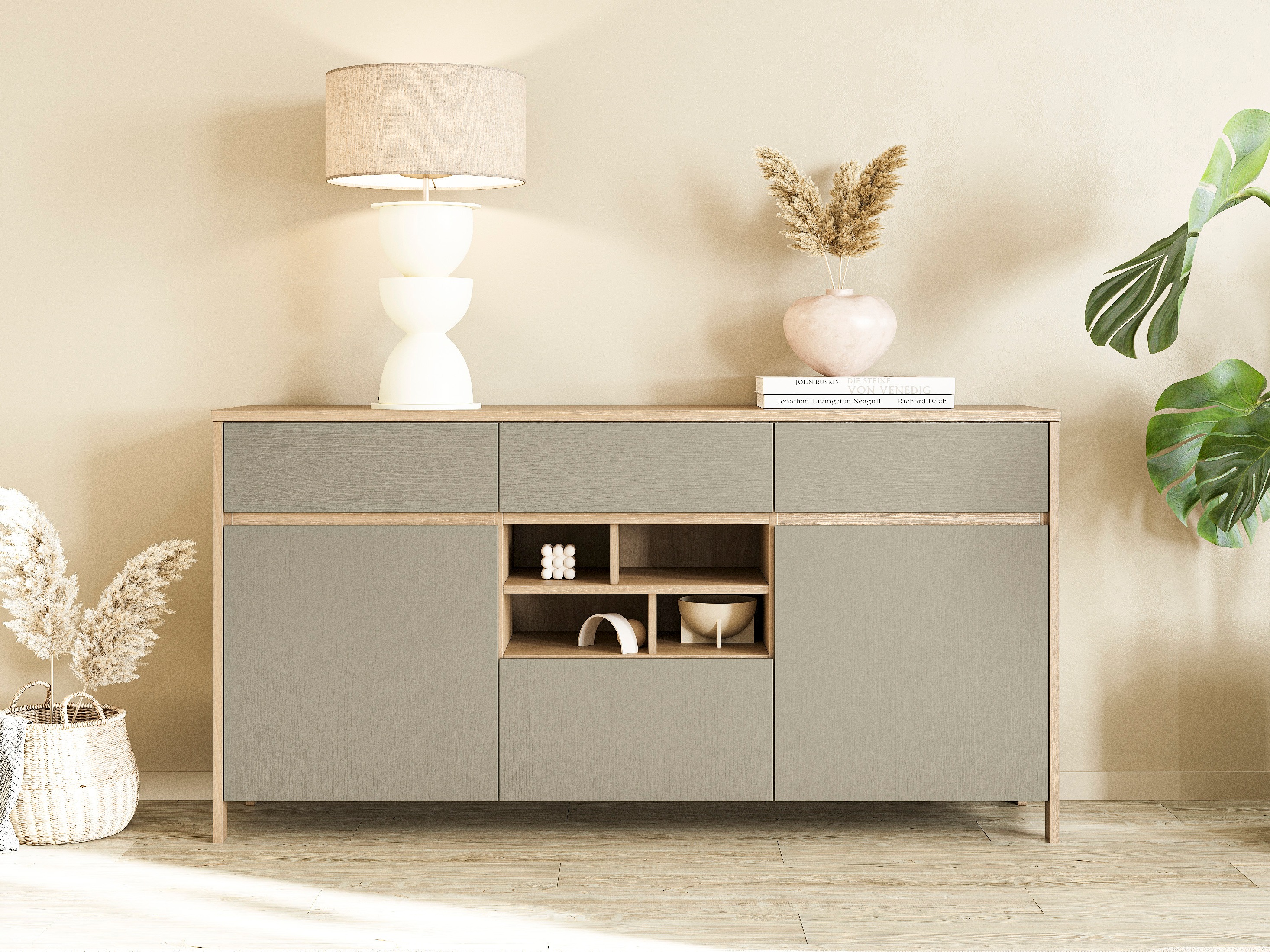 Commode Fermaru 104 (Vert poussiéreux + Chêne)