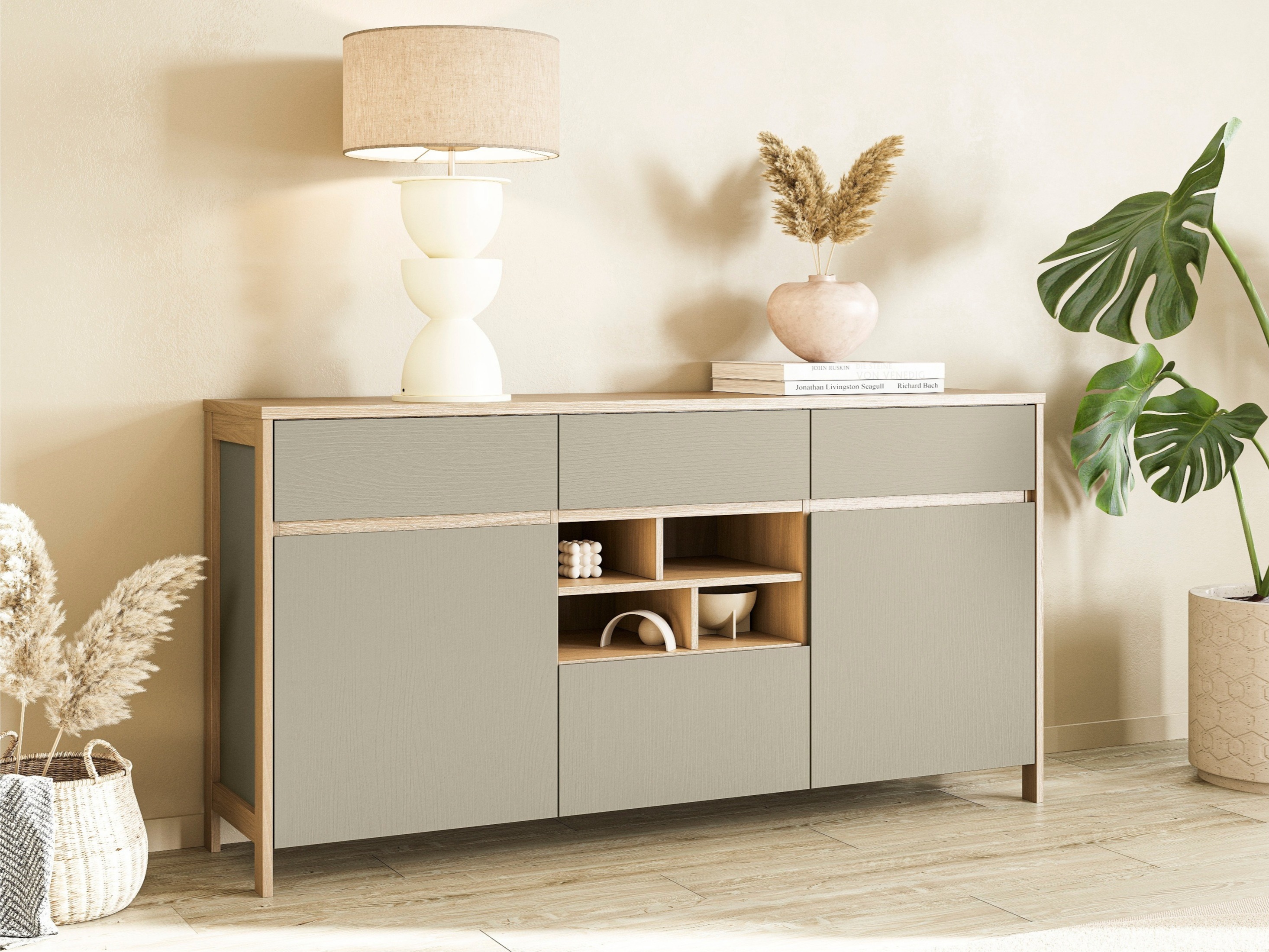 Commode Fermaru 104 (Vert poussiéreux + Chêne)