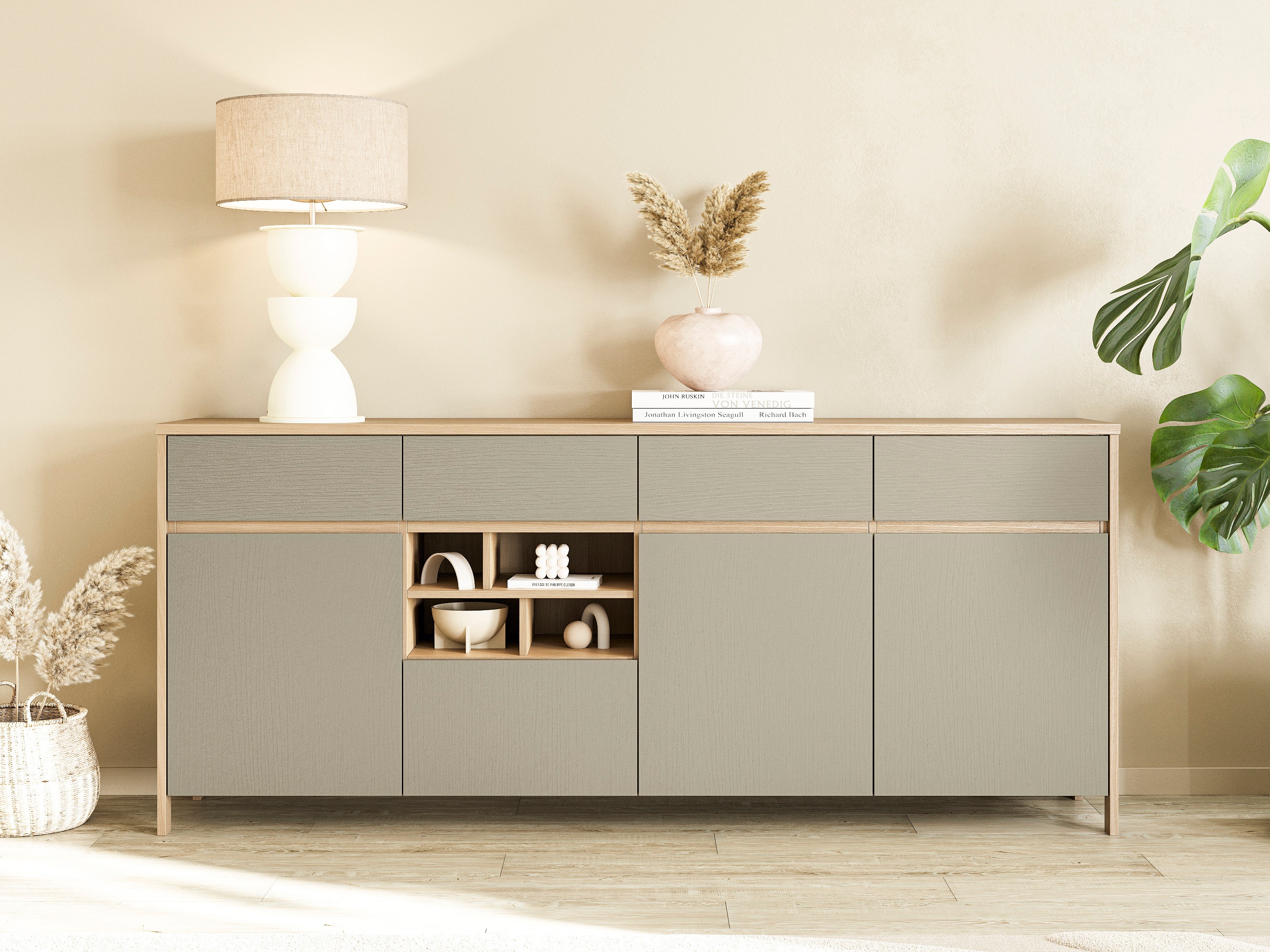 Commode Fermaru 105 (Vert poussiéreux + Chêne)