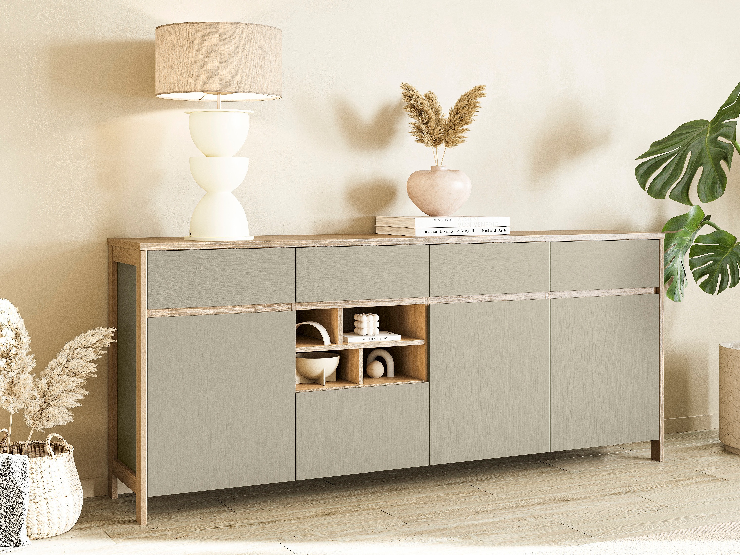 Commode Fermaru 105 (Vert poussiéreux + Chêne)