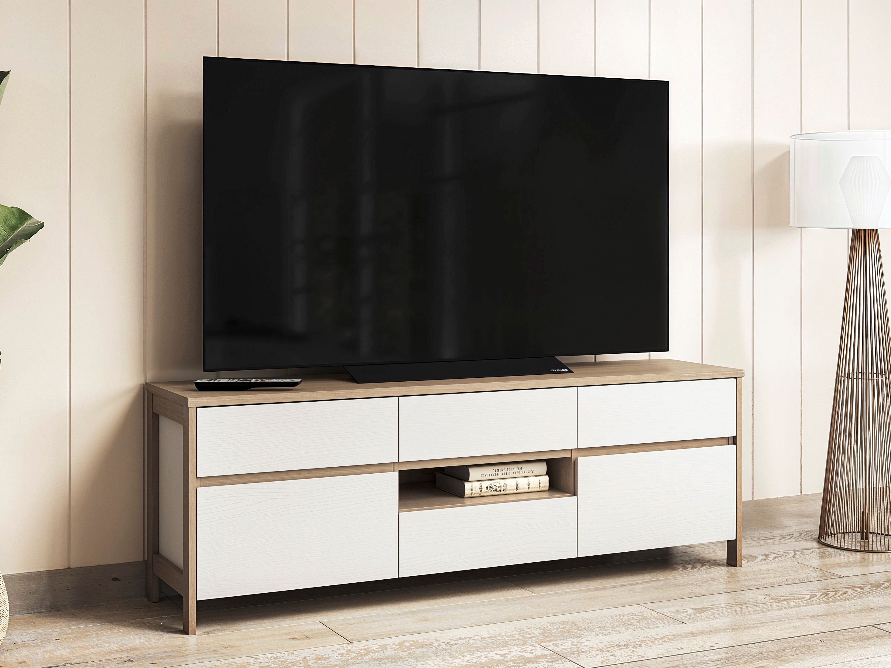 Meuble TV Fermaru 102 (Blanc + Chêne)
