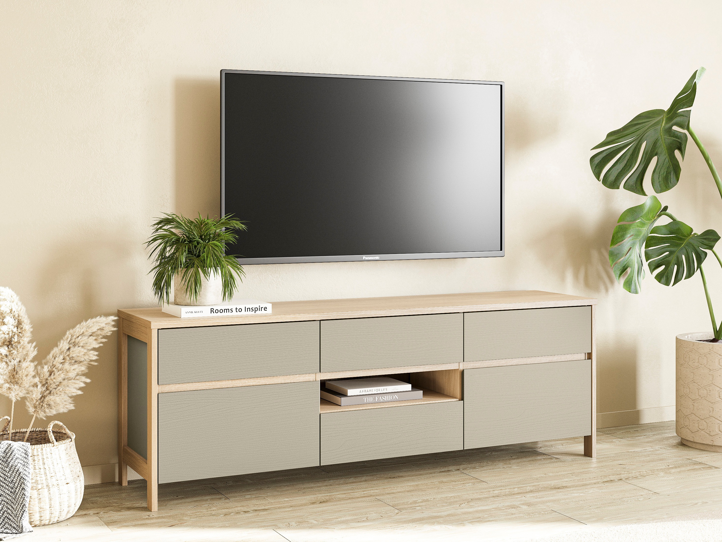 Meuble TV Fermaru 102 (Vert poussiéreux + Chêne)