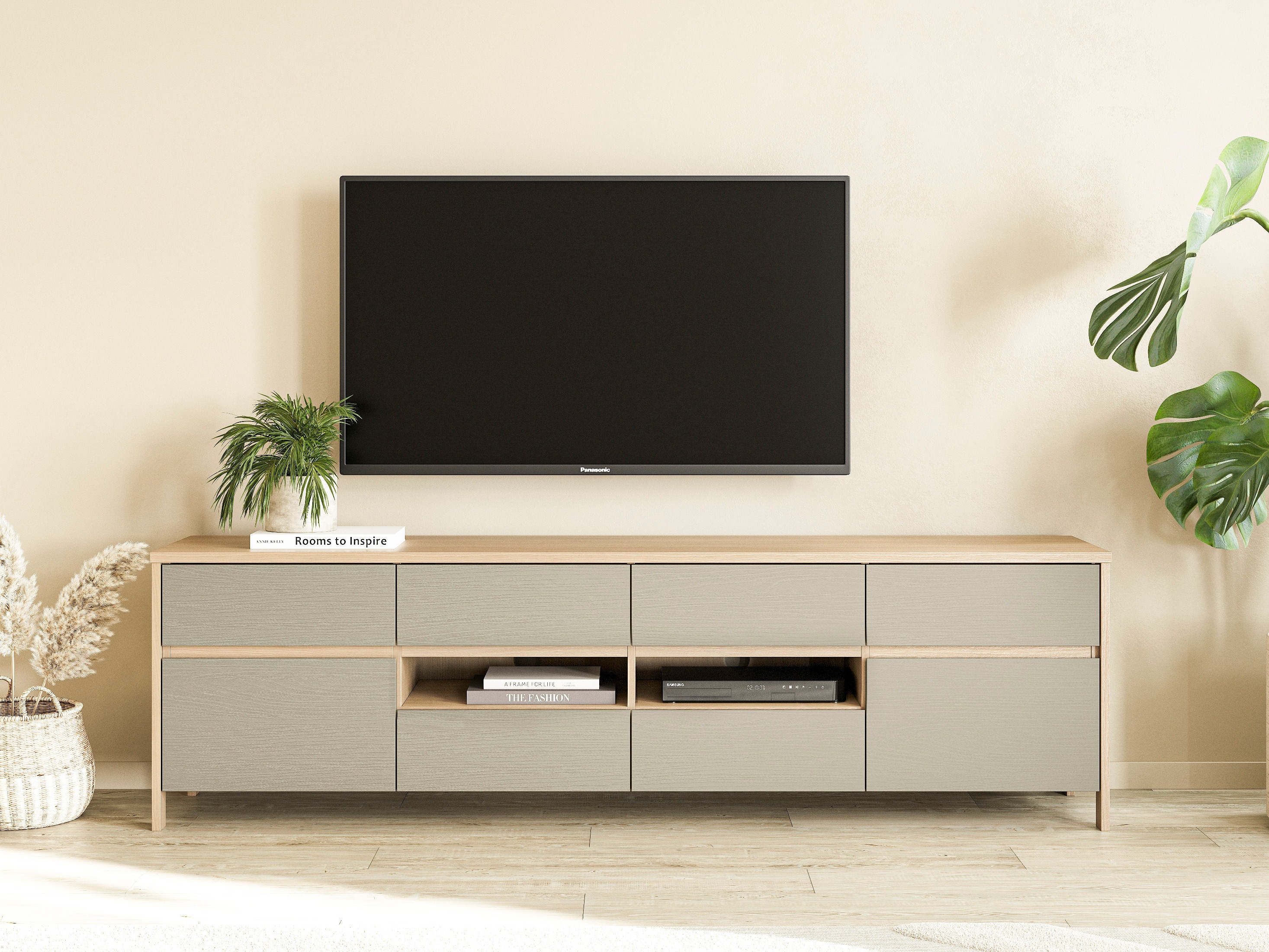 Meuble TV Fermaru 103 (Vert poussiéreux + Chêne)