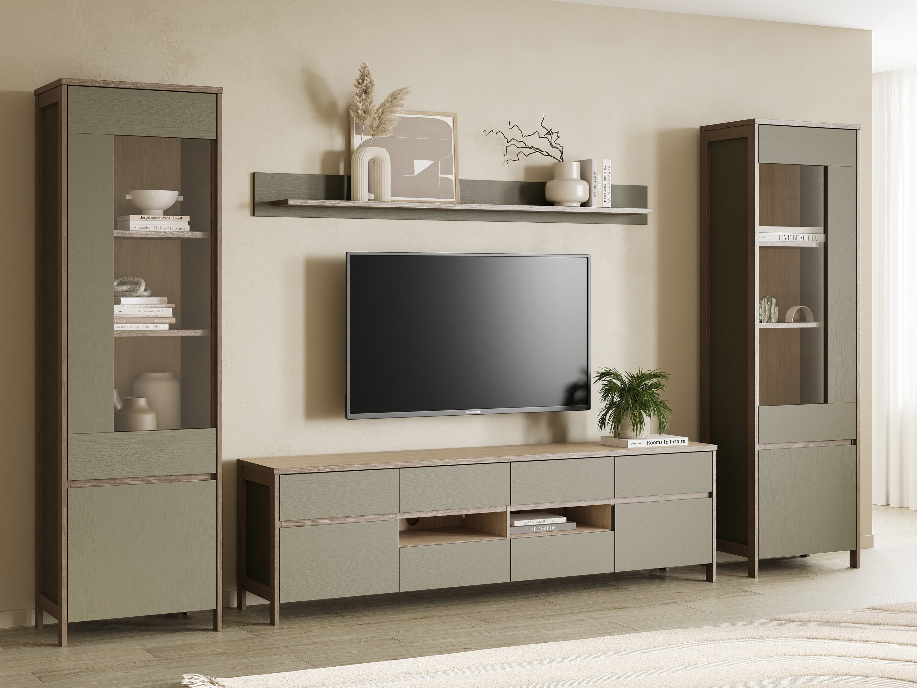 Ensemble de salon Fermaru 111 (Vert poussiéreux + Chêne)