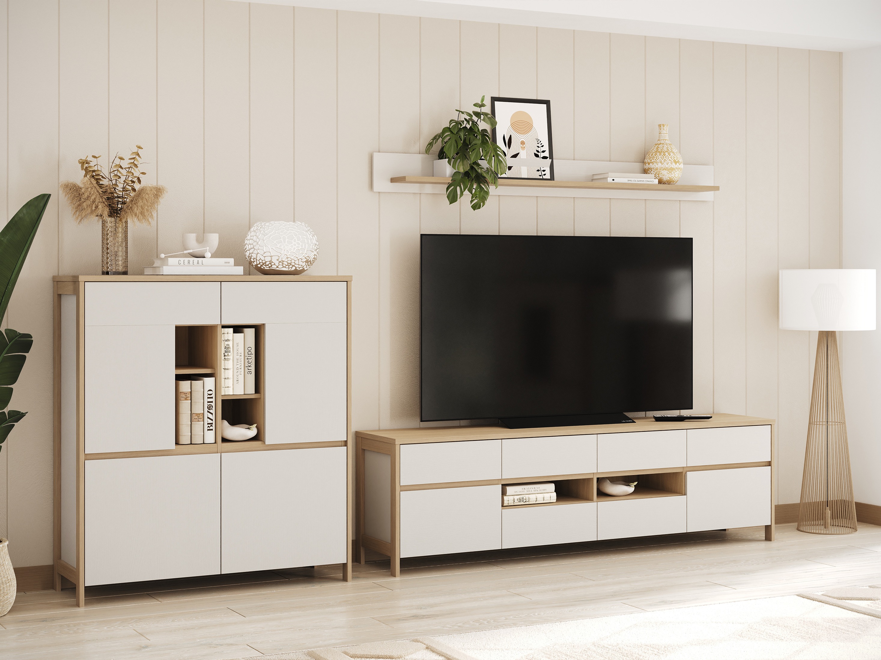 Ensemble de salon Fermaru 112 (Blanc + Chêne)