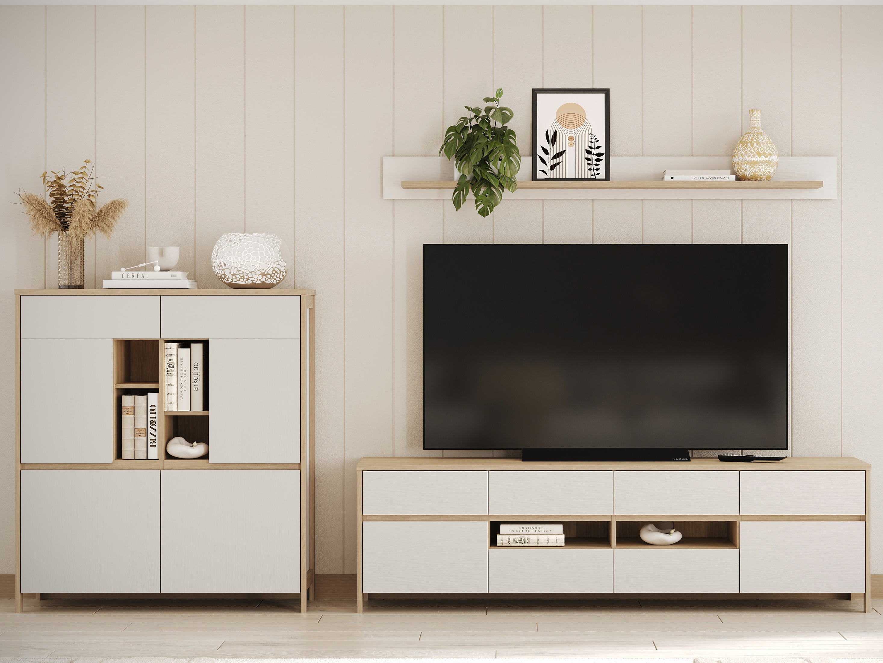 Ensemble de salon Fermaru 112 (Blanc + Chêne)