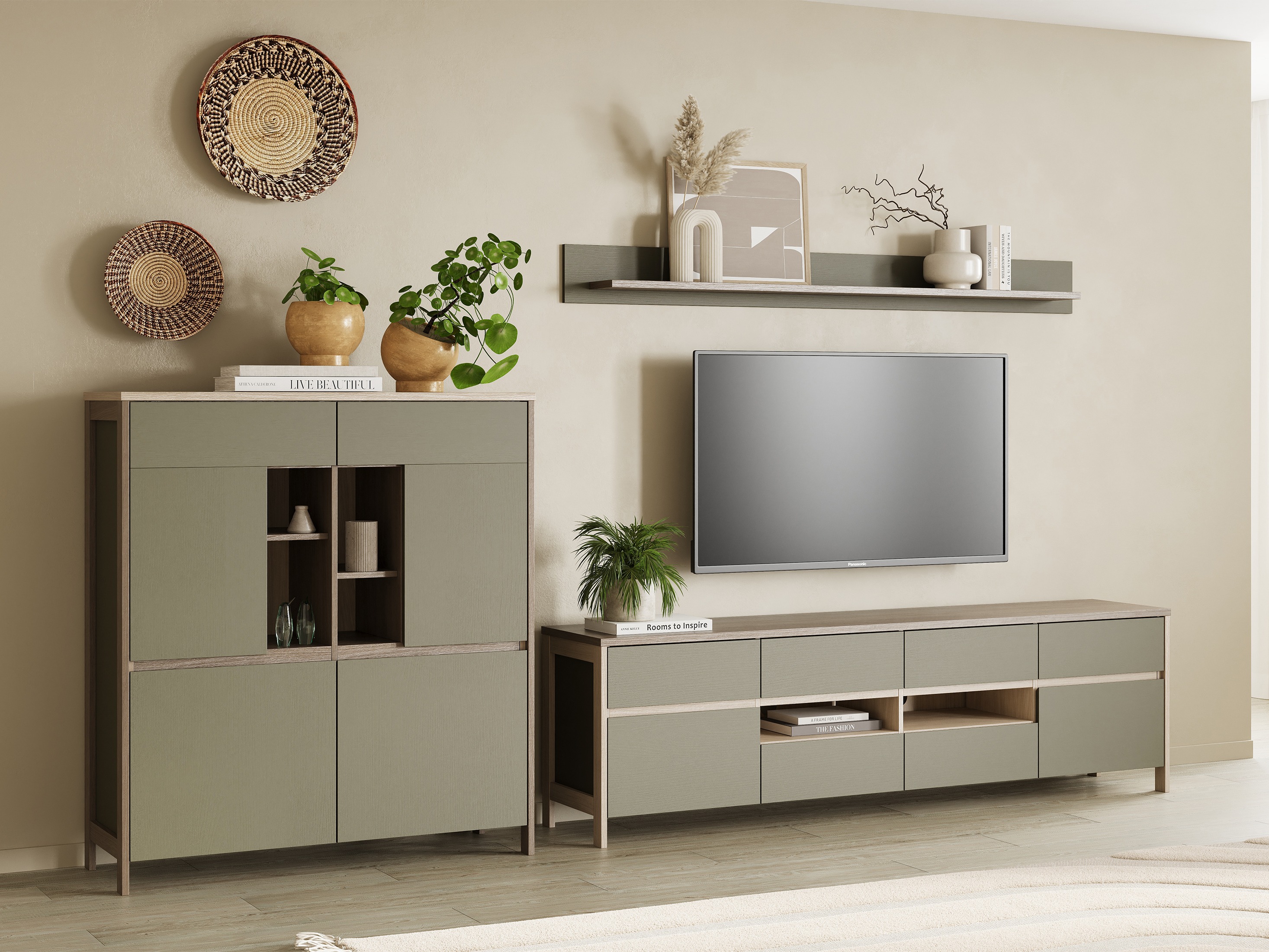 Ensemble de salon Fermaru 112 (Vert poussiéreux + Chêne)