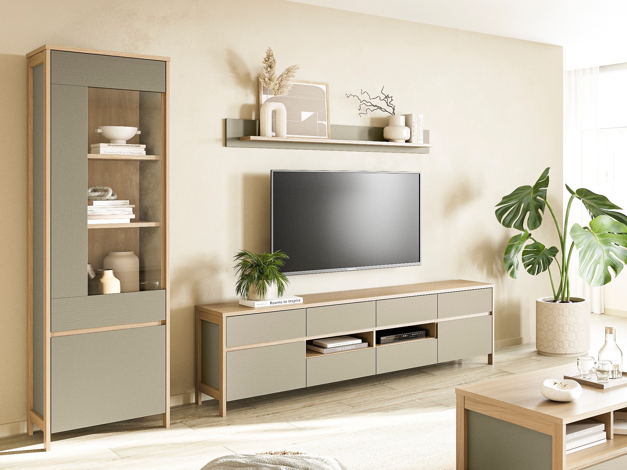 Ensemble de salon Fermaru 113 (Vert poussiéreux + Chêne)