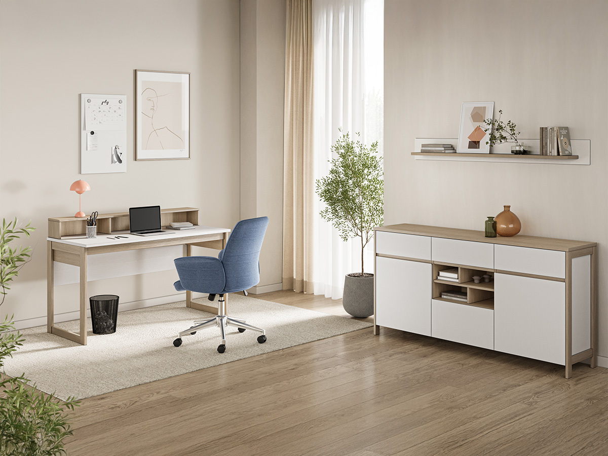 Ensemble de bureau à domicile Fermaru 116 (Blanc + Chêne)