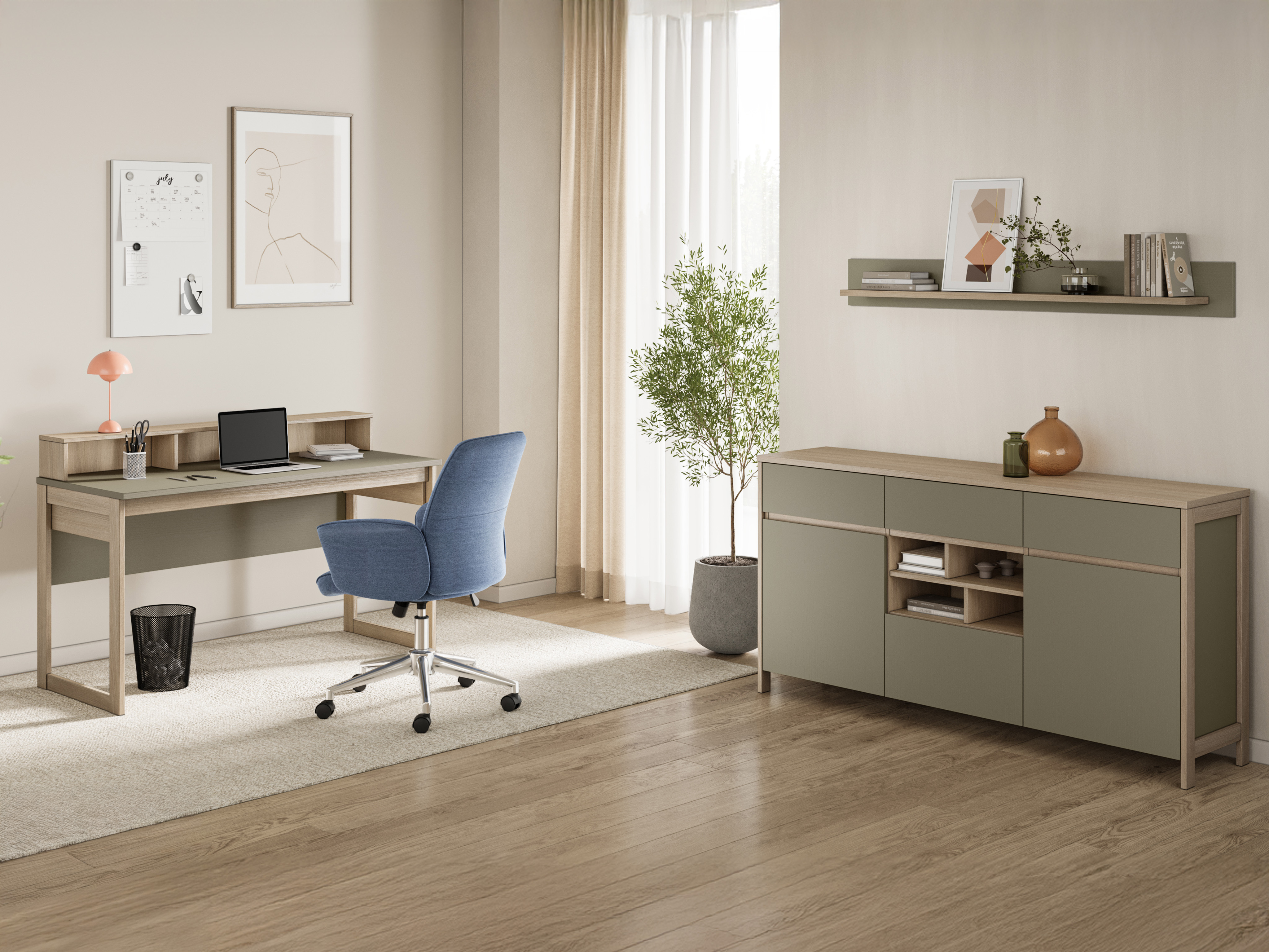 Ensemble de bureau à domicile Fermaru 116 (Vert poussiéreux + Chêne)