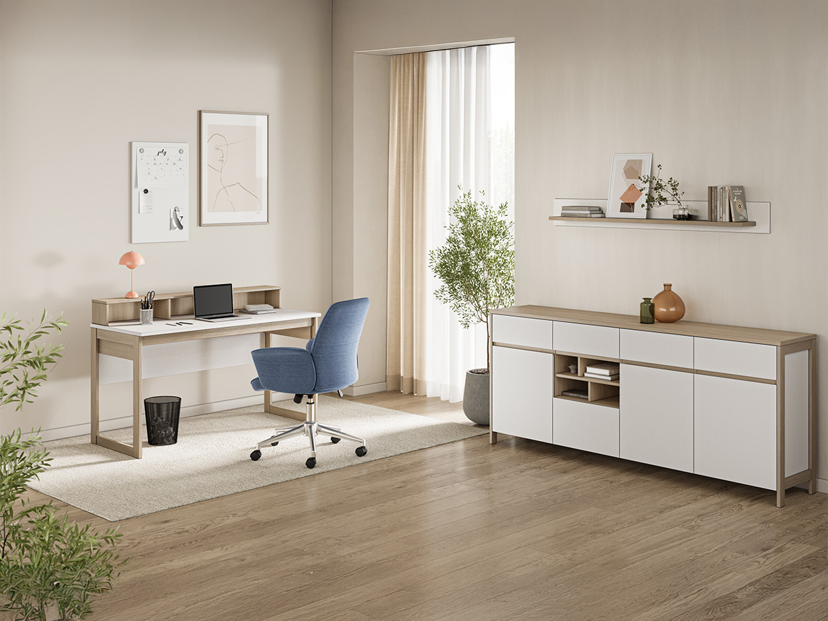Ensemble de bureau à domicile Fermaru 117 (Blanc + Chêne)