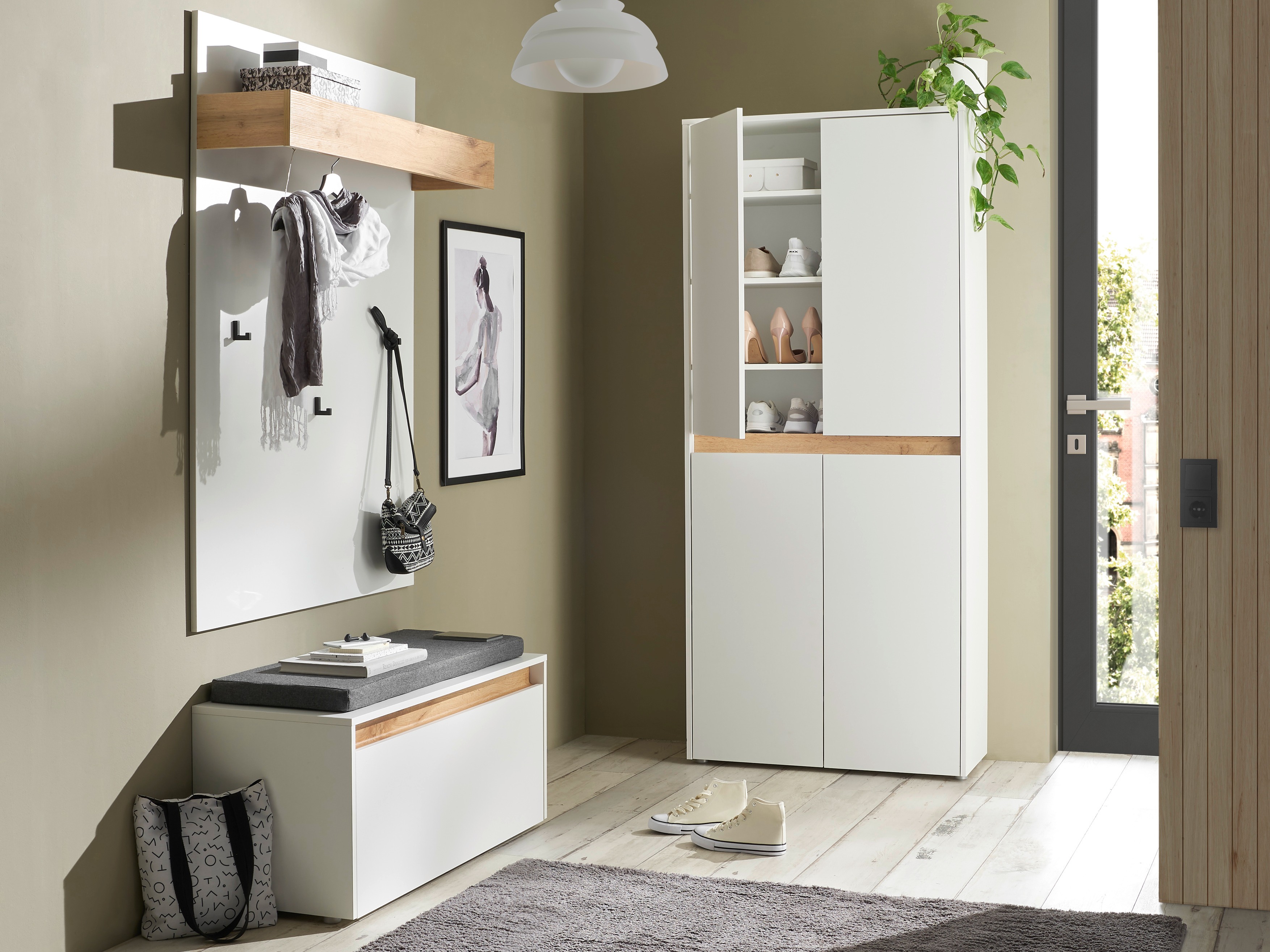 Meuble d'entrée Elbsori 177 (Blanc + Chêne wotan)