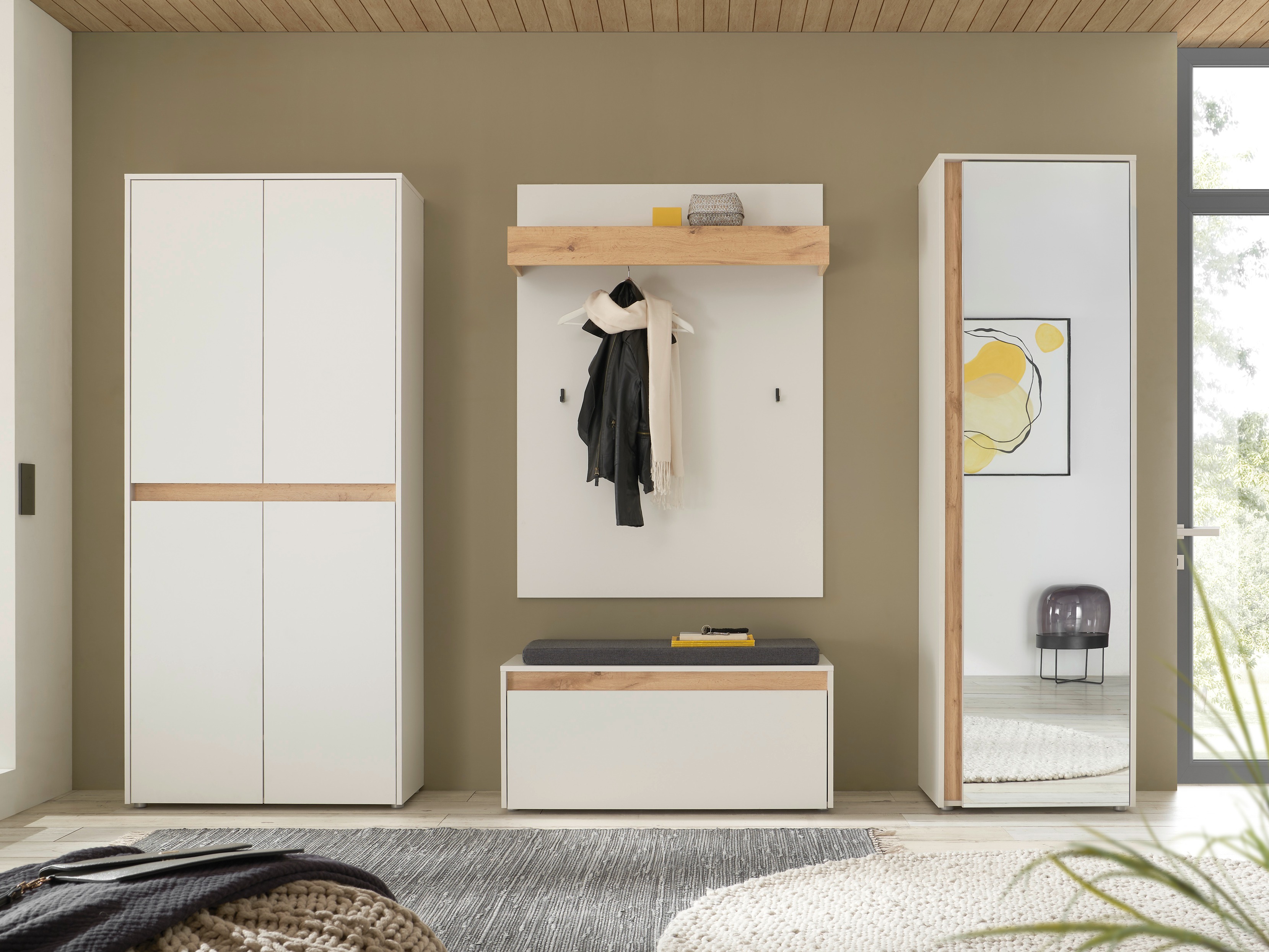 Meuble d'entrée Elbsori 177 (Blanc + Chêne wotan)