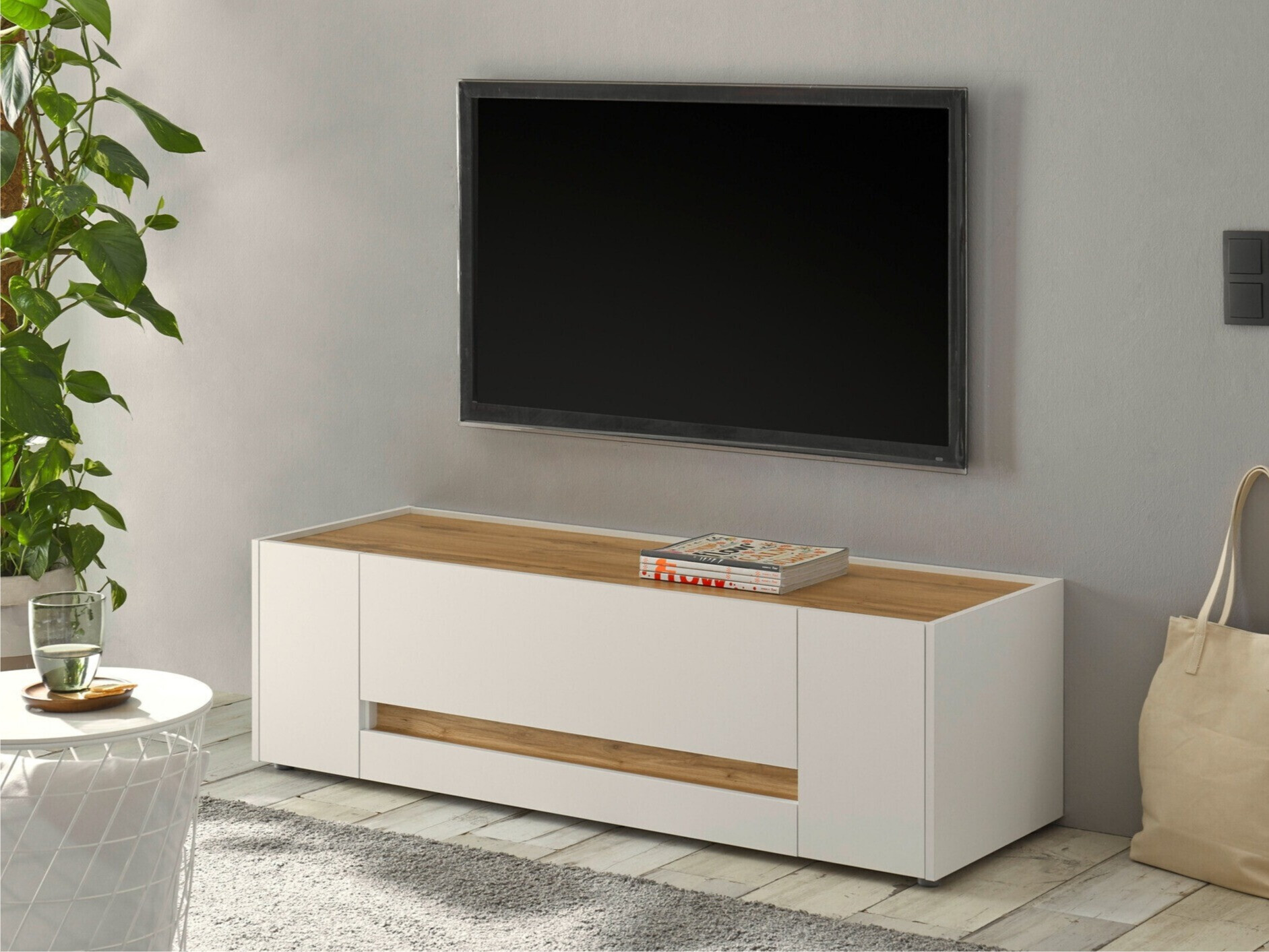 Meuble TV Elbsori 114 (Blanc + Chêne wotan)