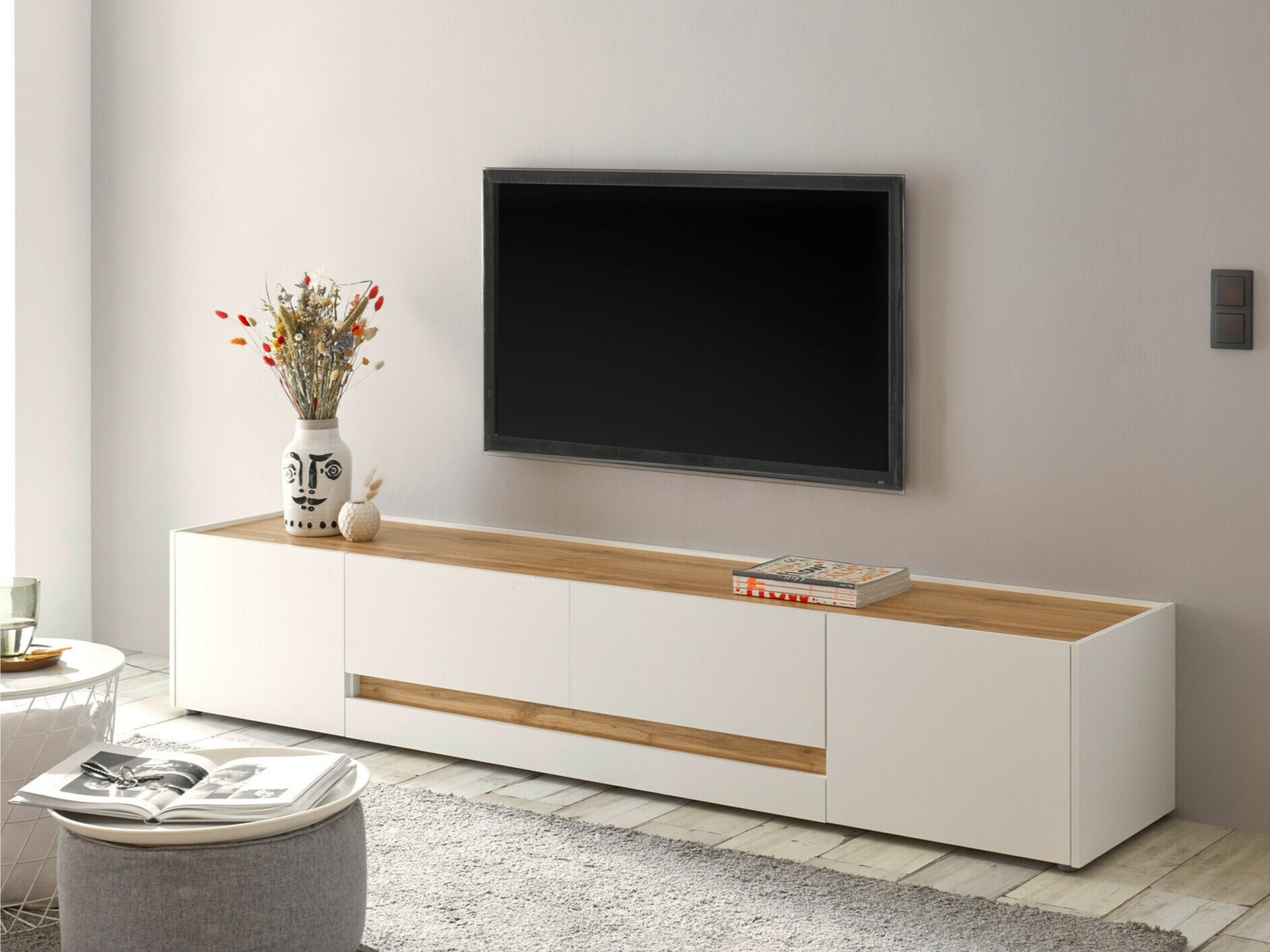 Meuble TV Elbsori 116 (Blanc + Chêne wotan)