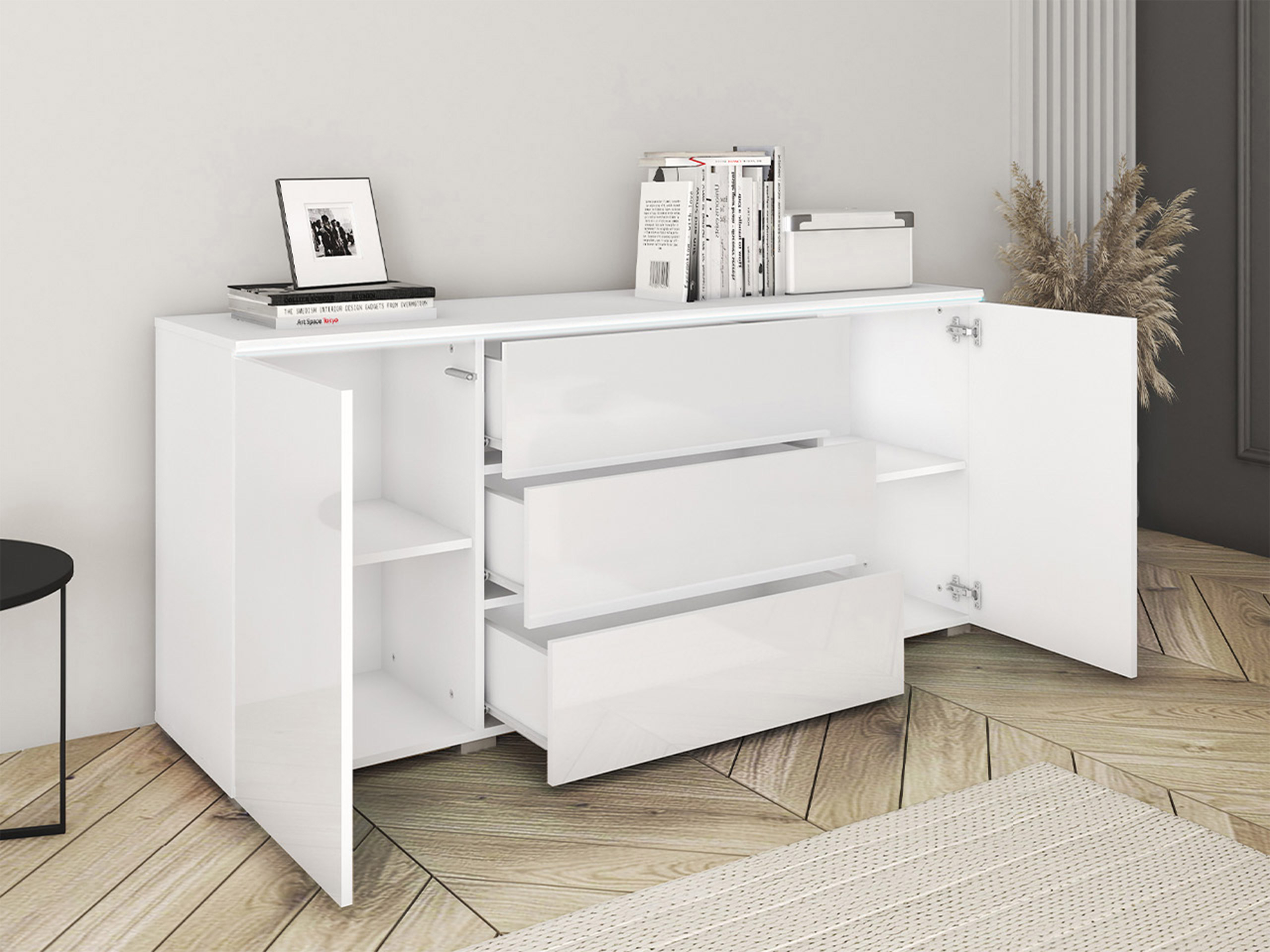 Commode Mirfivo 102 (Béton + Blanc brillant)