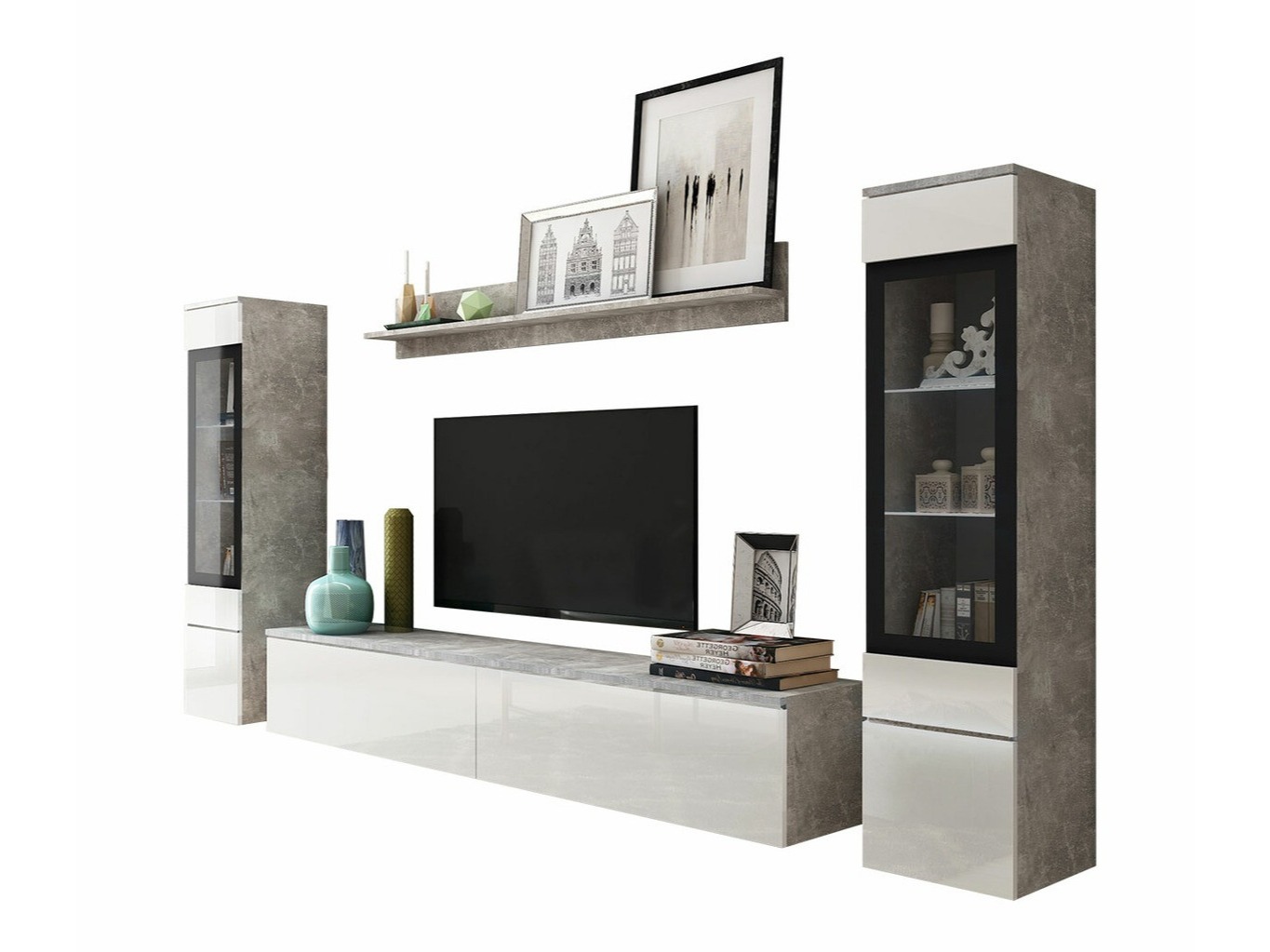 Ensemble de salon Mirfivo 101 (Béton + Blanc brillant)
