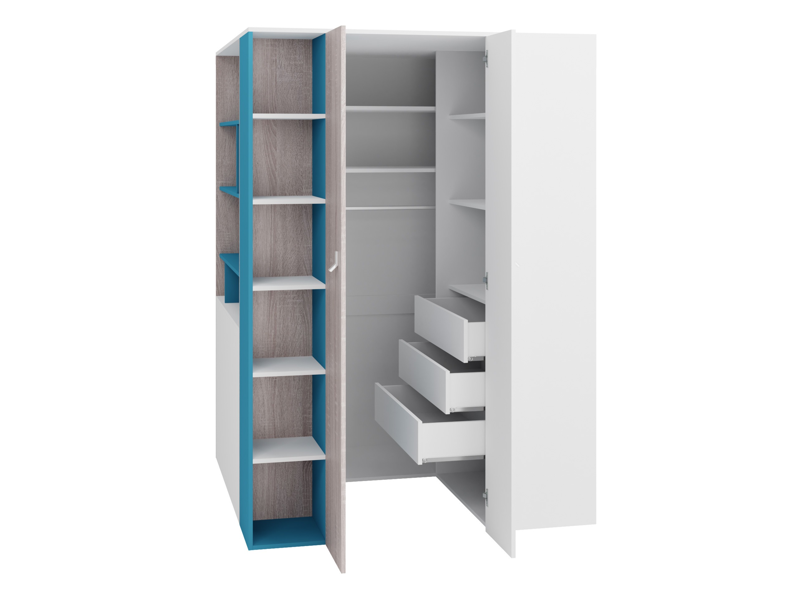 Armoire d'angle Camteso 113 (Blanc + Chêne + Turquoise)