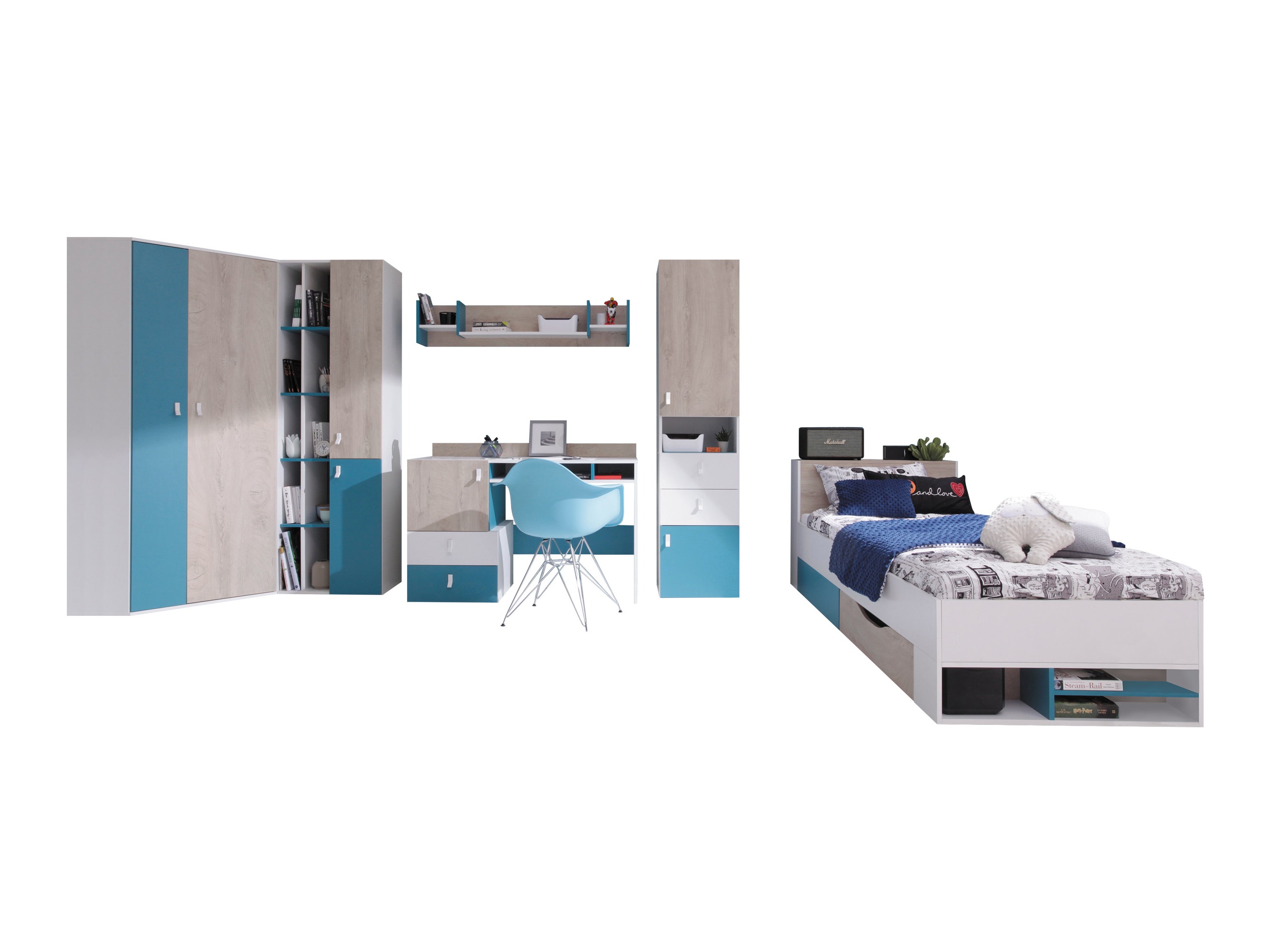 Chambre enfant complète Camteso 114 (Blanc + Chêne + Turquoise)