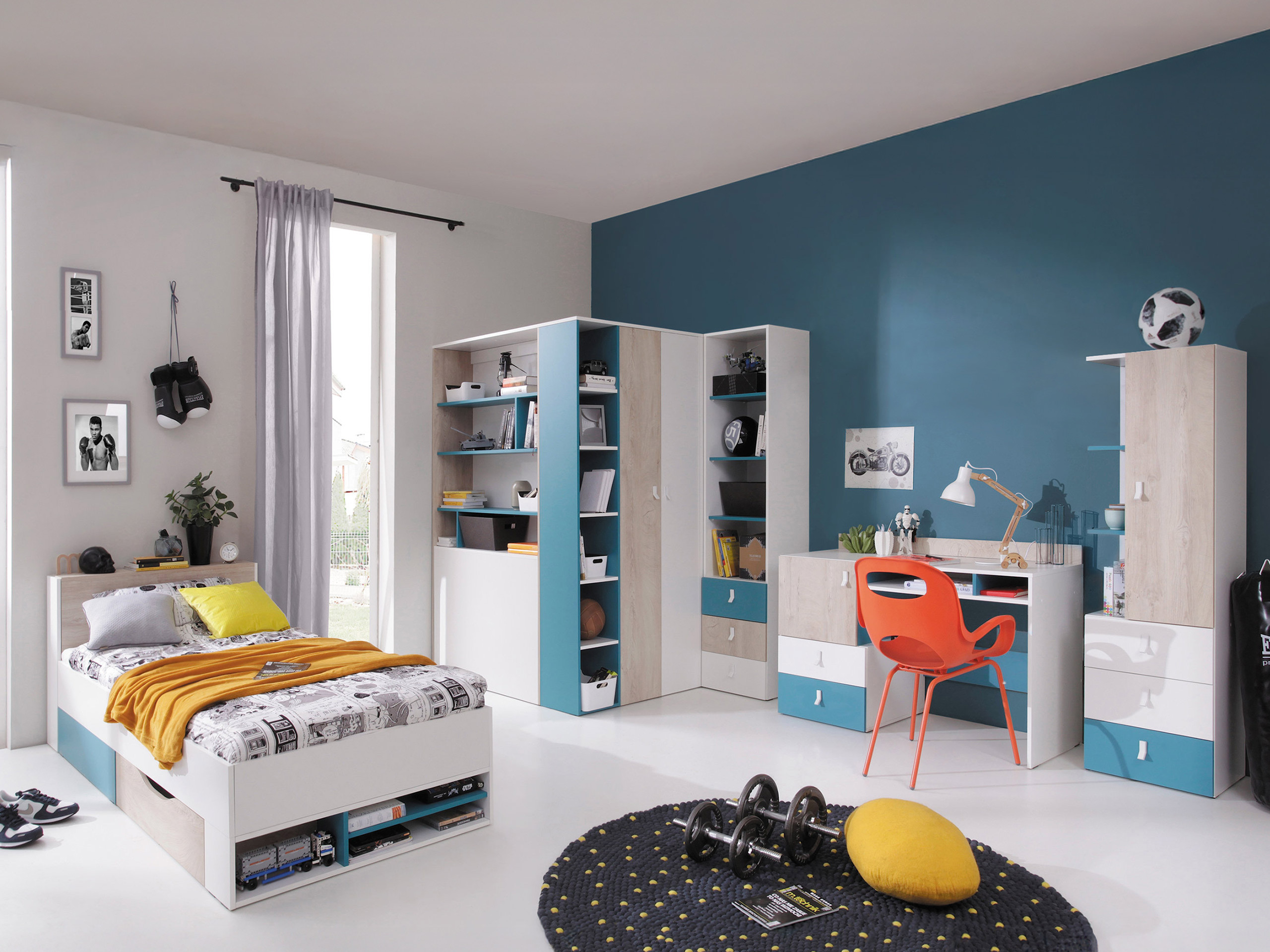 Chambre enfant complète Camteso 115 (Blanc + Chêne + Turquoise)