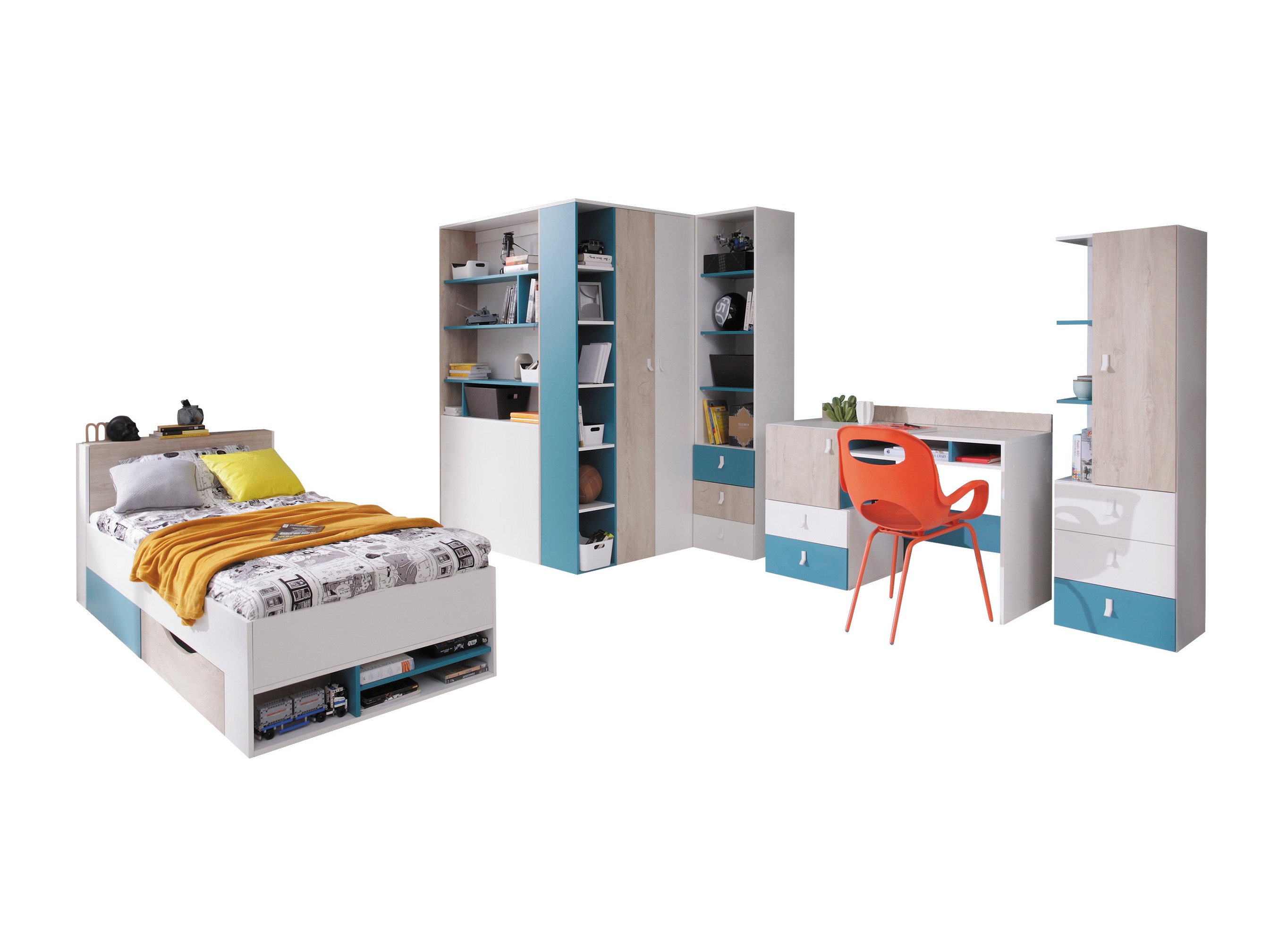 Chambre enfant complète Camteso 115 (Blanc + Chêne + Turquoise)