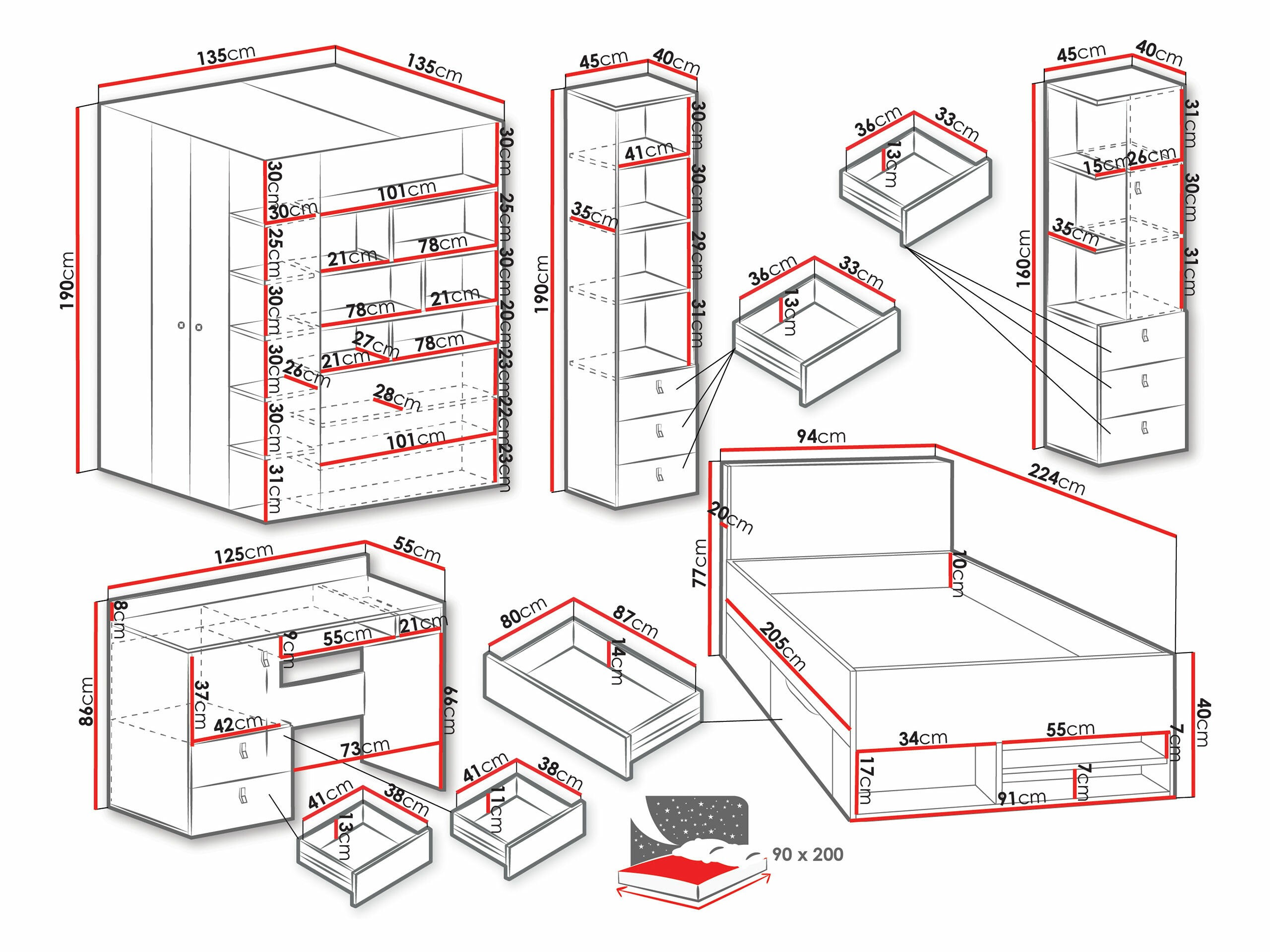 Chambre enfant complète Camteso 115 (Blanc + Chêne + Turquoise)