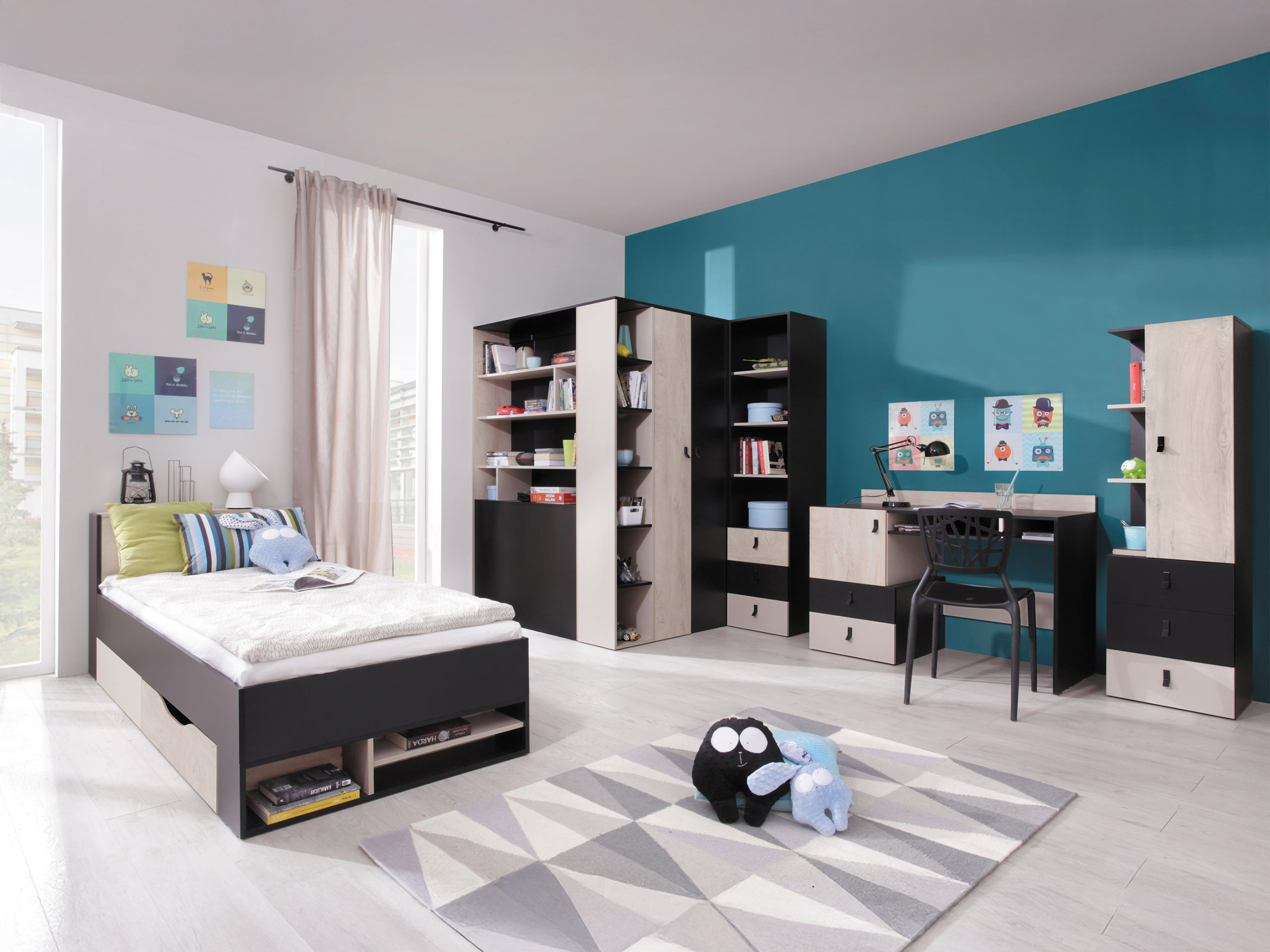 Chambre enfant complète Camteso 115 (Noir + Chêne + Beige)
