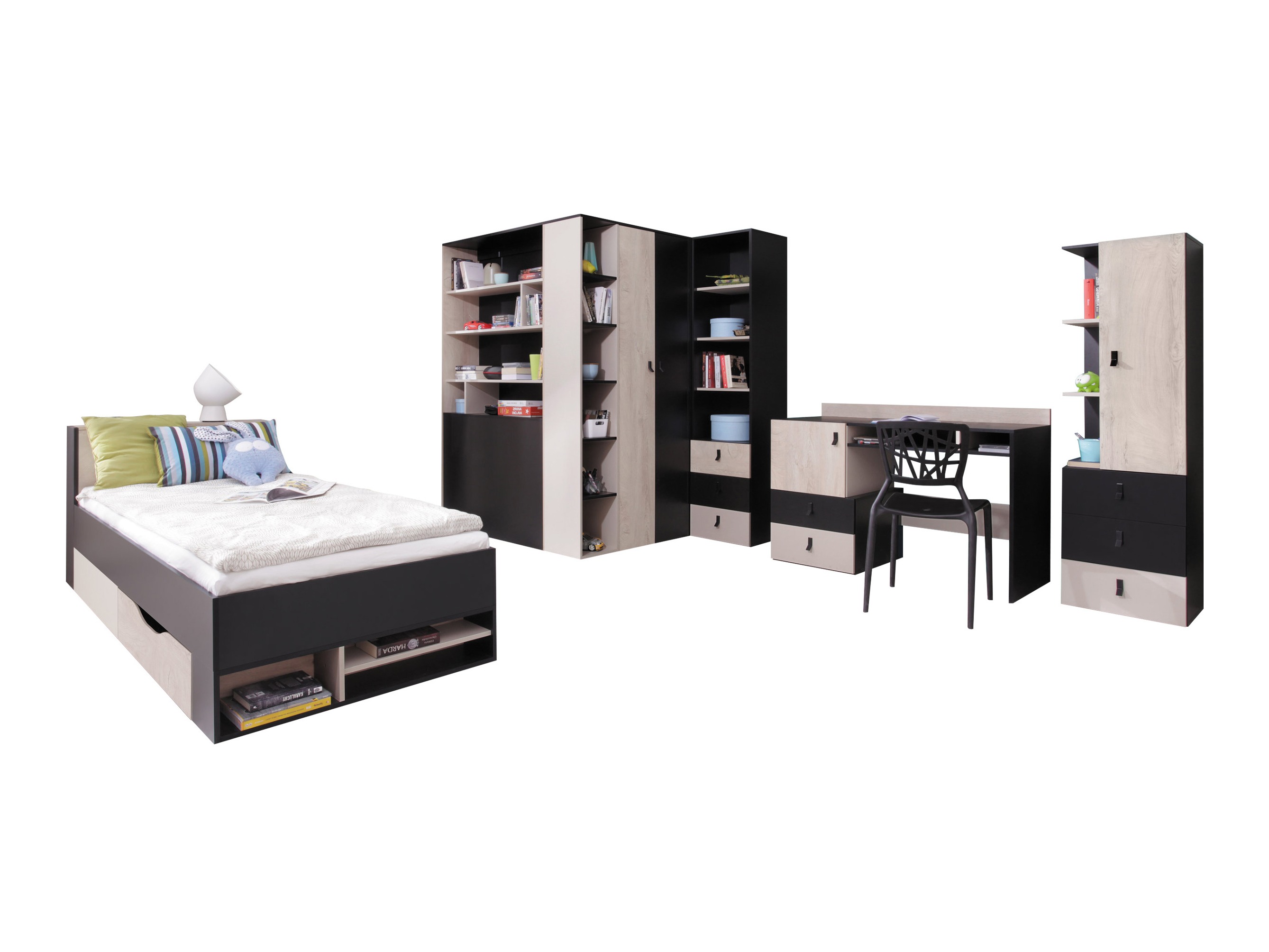Chambre enfant complète Camteso 115 (Noir + Chêne + Beige)