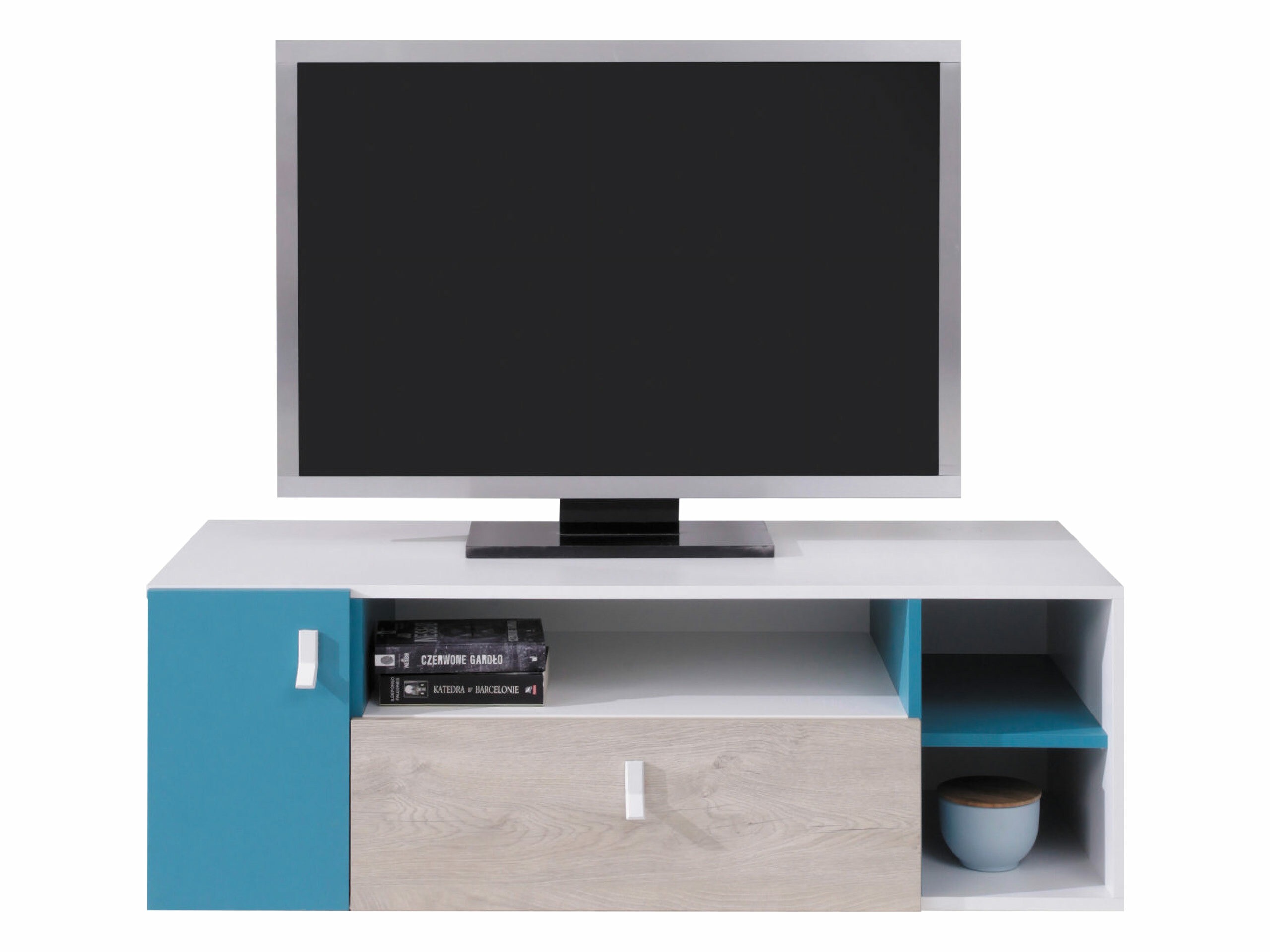 Meuble TV Camteso 108 (Blanc + Chêne + Turquoise)