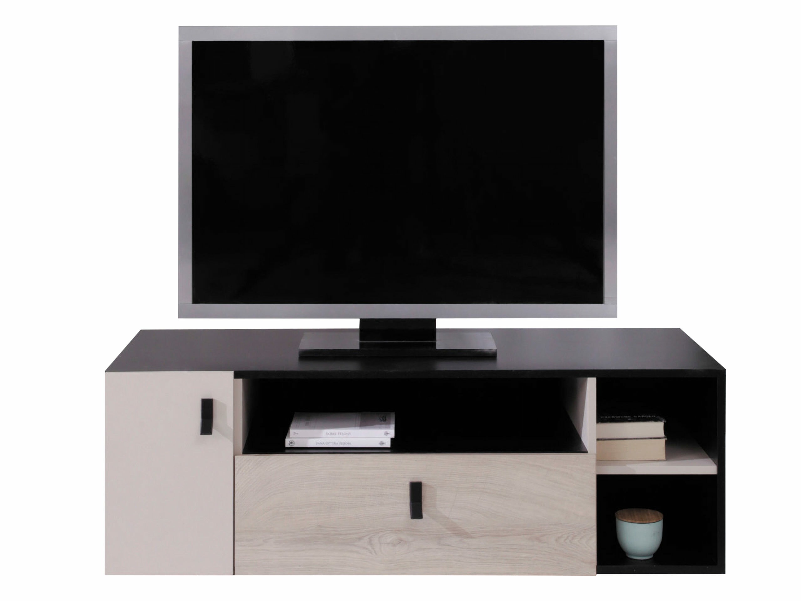 Meuble TV Camteso 108 (Noir + Chêne + Beige)