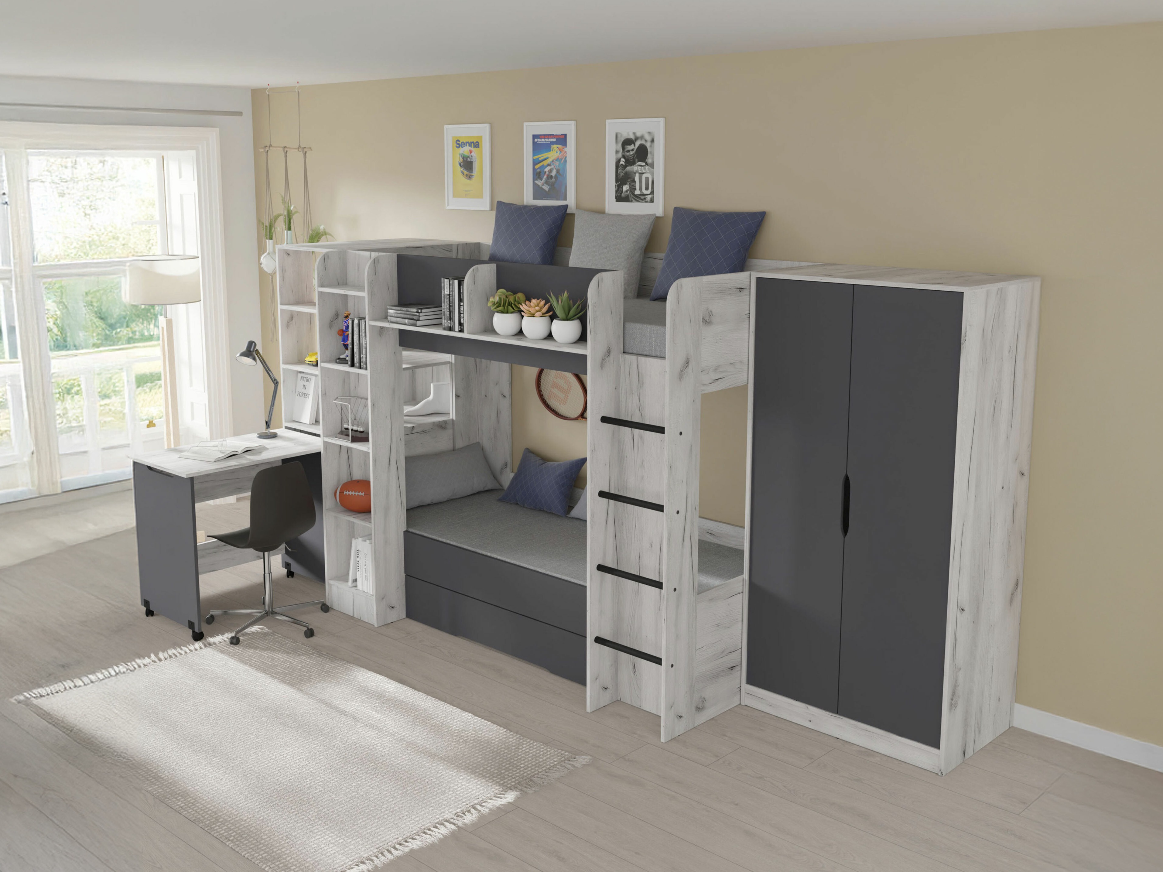 Chambre enfant complète Elitenu 104 (Artisanat blanc + Graphite)