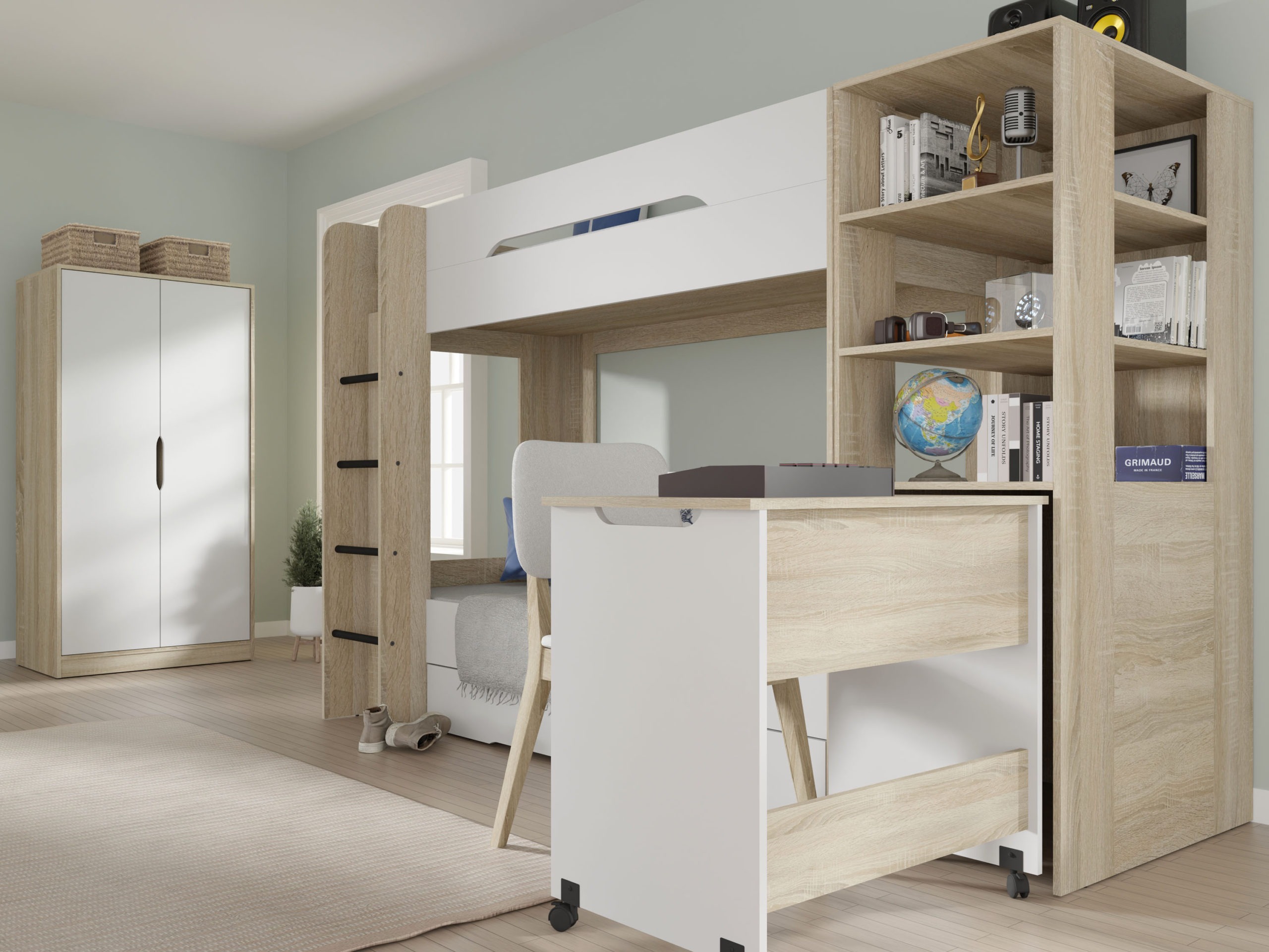 Lit superposé Elitenu 103 (Sonoma chêne+ Blanc)