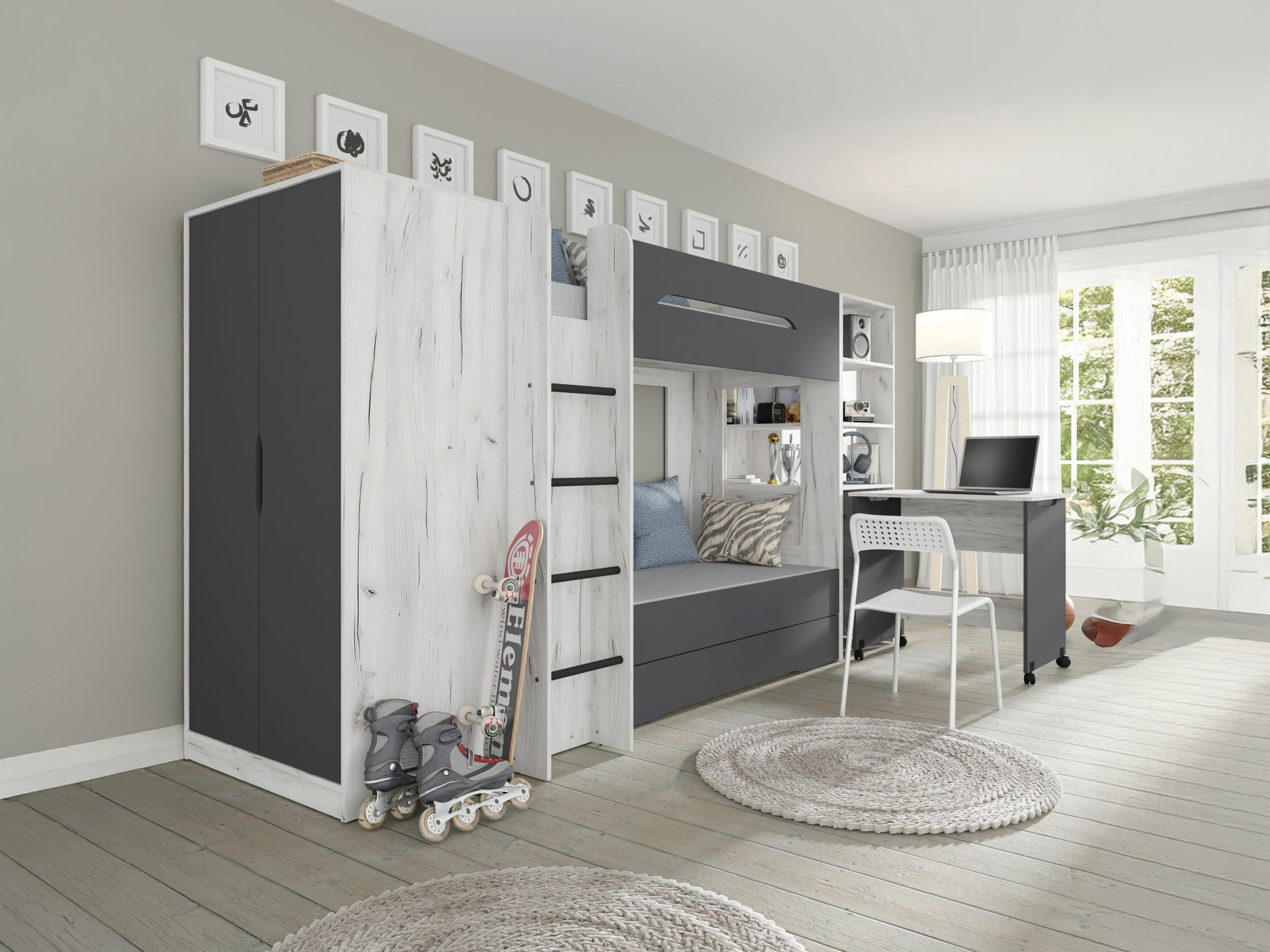 Chambre enfant complète Elitenu 105 (Artisanat blanc + Graphite)