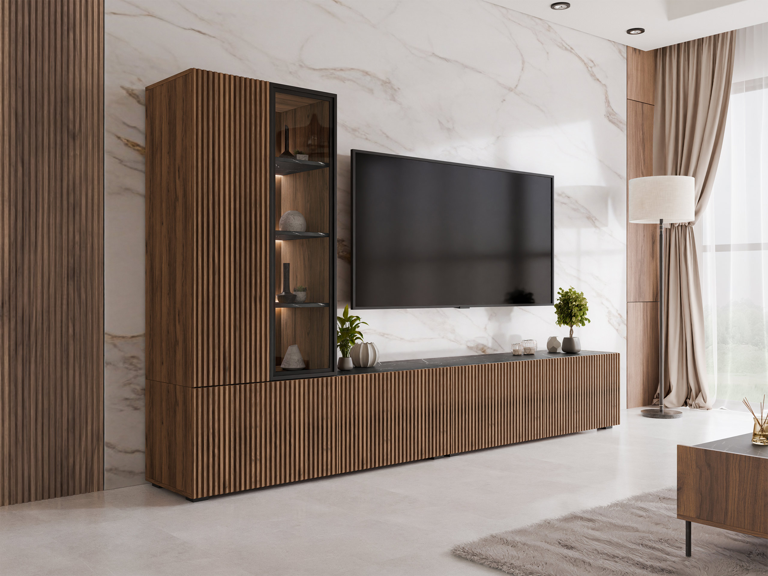 Ensemble de salon Comfivo Tutelar (Noyer + Marbre noir)