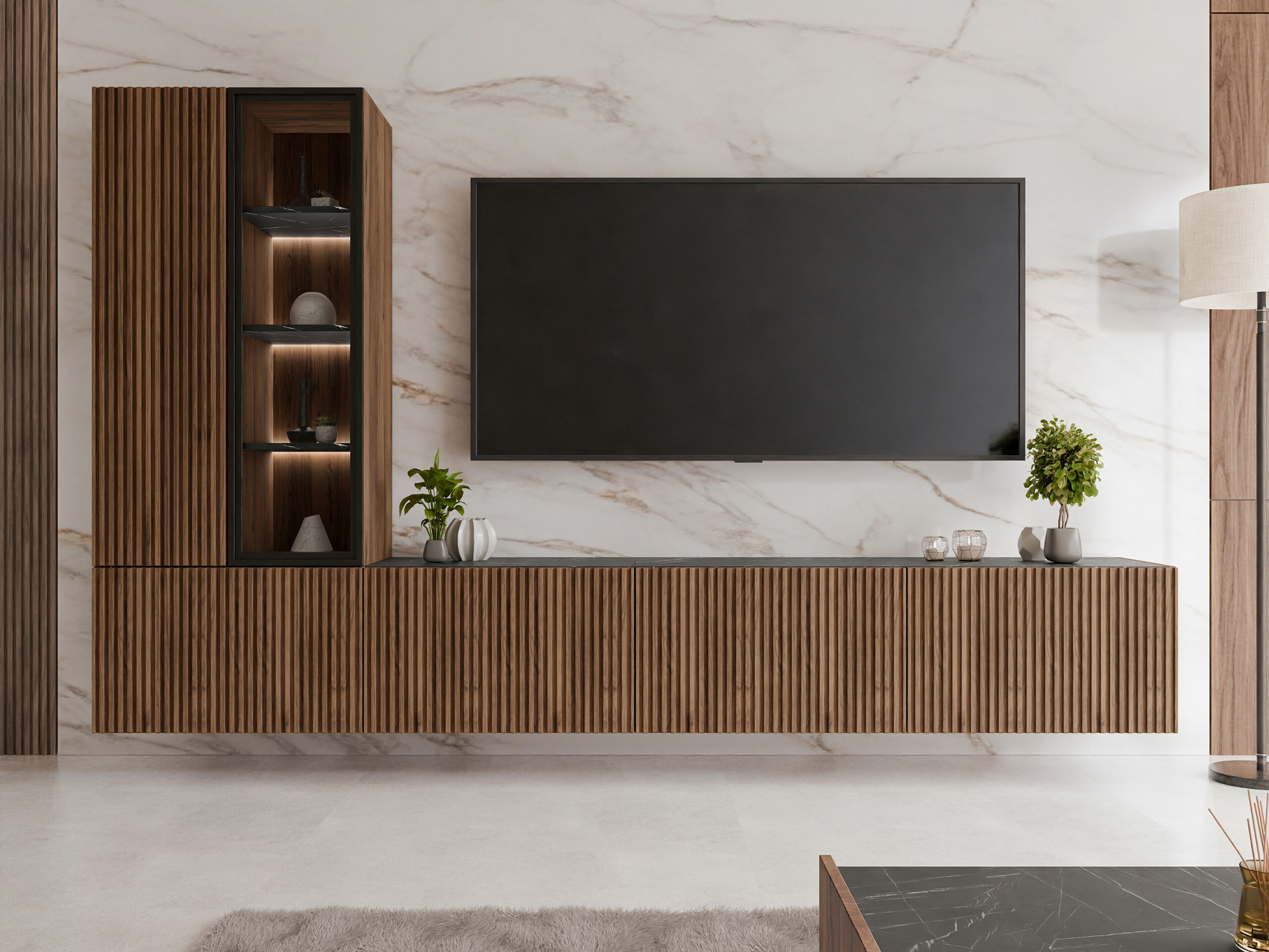 Ensemble de salon Comfivo Tutelar (Noyer + Marbre noir)