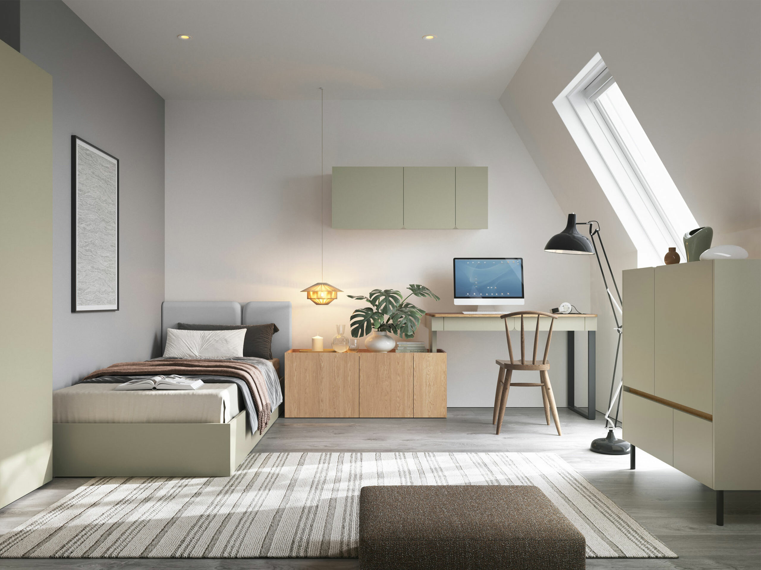 Bureau d'angle Fiosono 110 (Vert poussiéreux + Chêne)